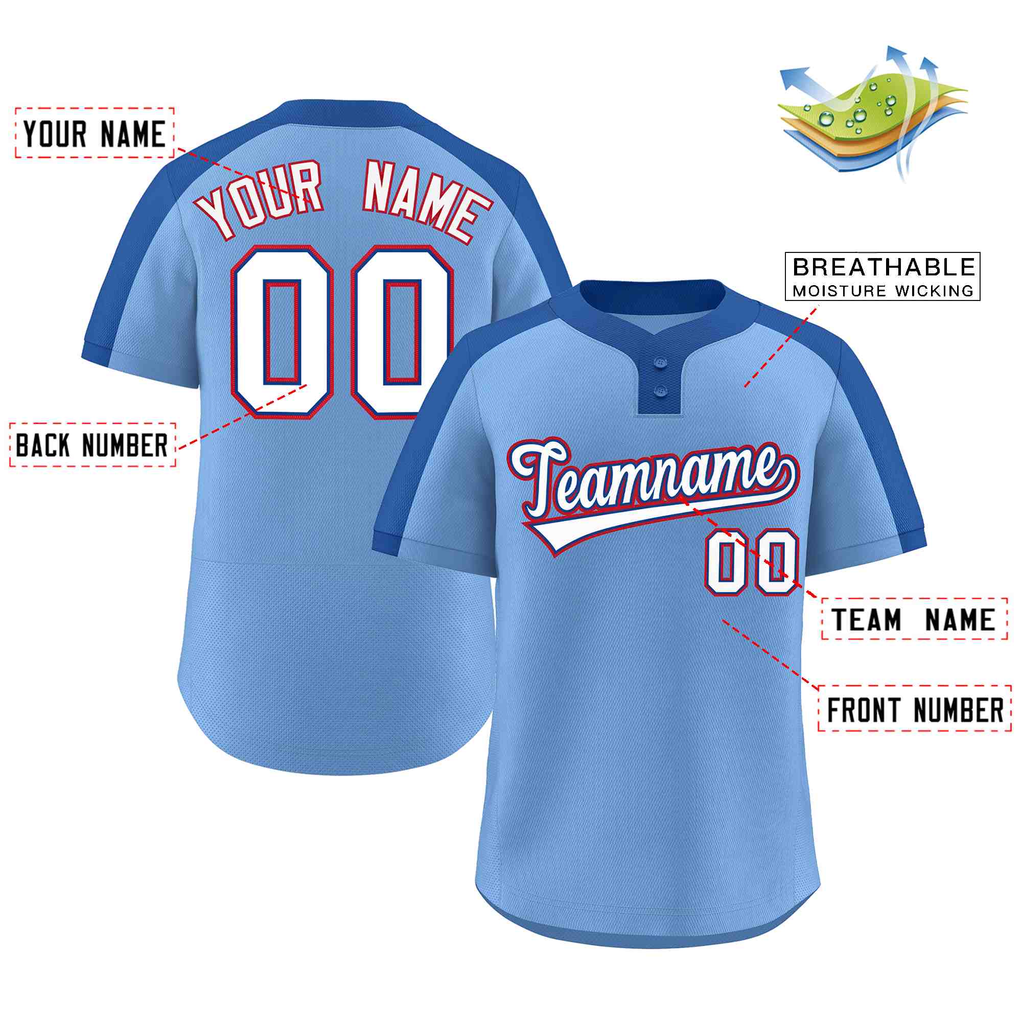 Maillot de baseball personnalisé à deux boutons, bleu clair, blanc-royal, style classique, authentique