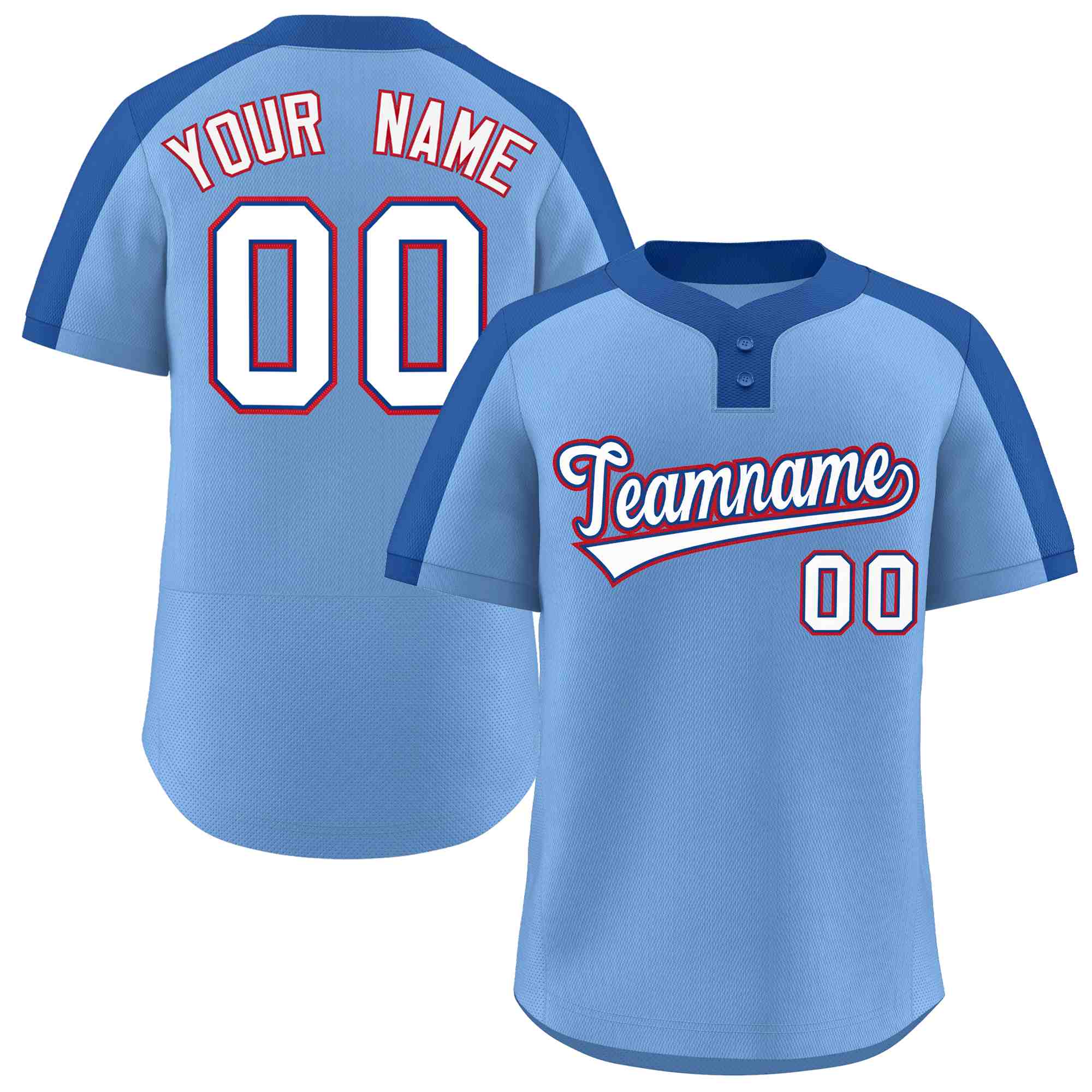 Maillot de baseball personnalisé à deux boutons, bleu clair, blanc-royal, style classique, authentique