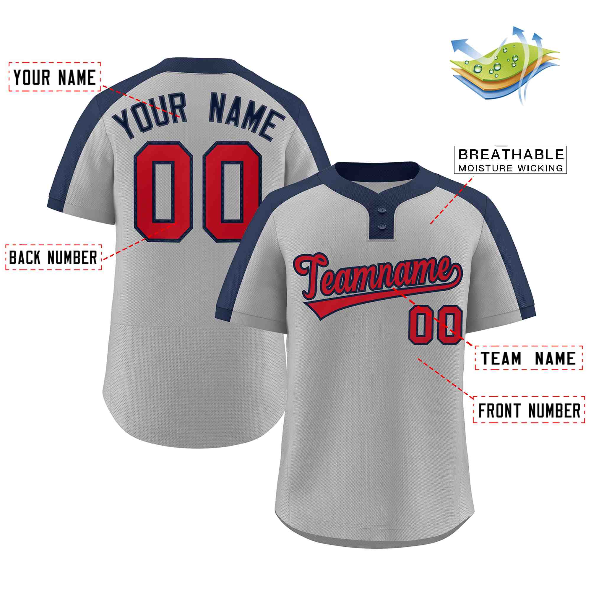 Custom Gray Red-Navy Classic Style Authentic Two-Button Baseball Jersey