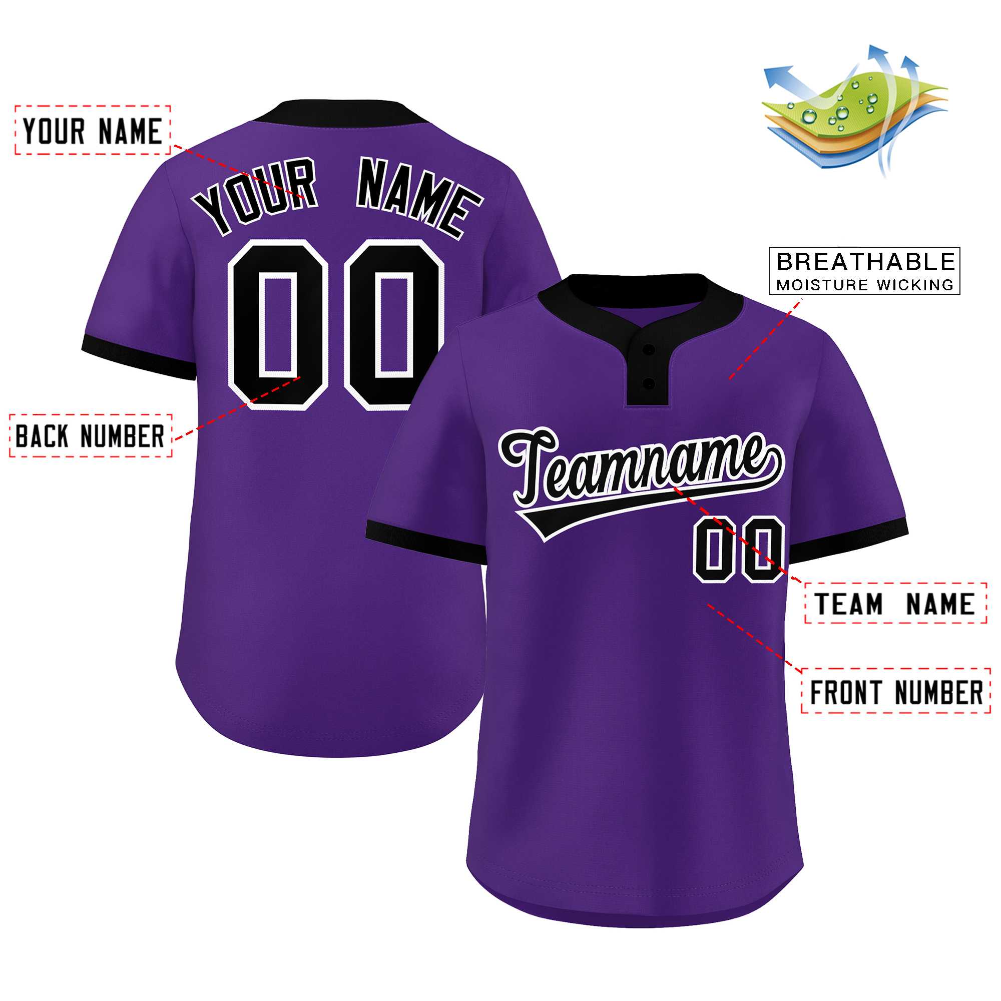 Maillot de baseball authentique à deux boutons, personnalisé, violet, noir et blanc, style classique