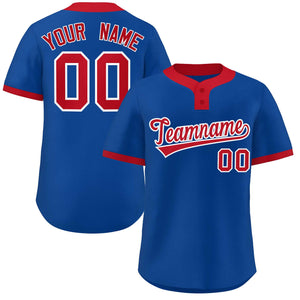 Maillot de baseball personnalisé à deux boutons, style classique, rouge royal et blanc, authentique