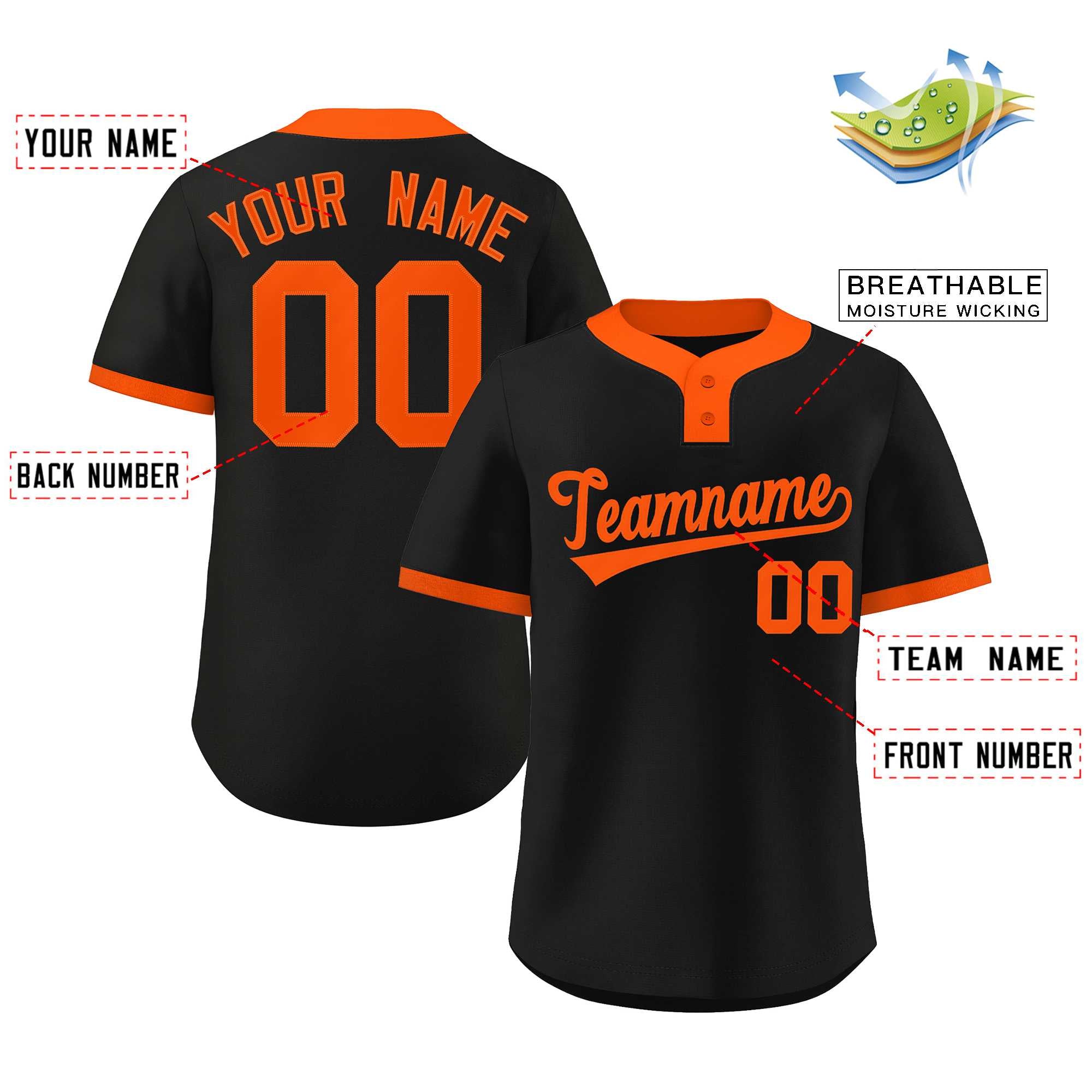 Maillot de baseball authentique à deux boutons, personnalisé, noir et orange, style classique