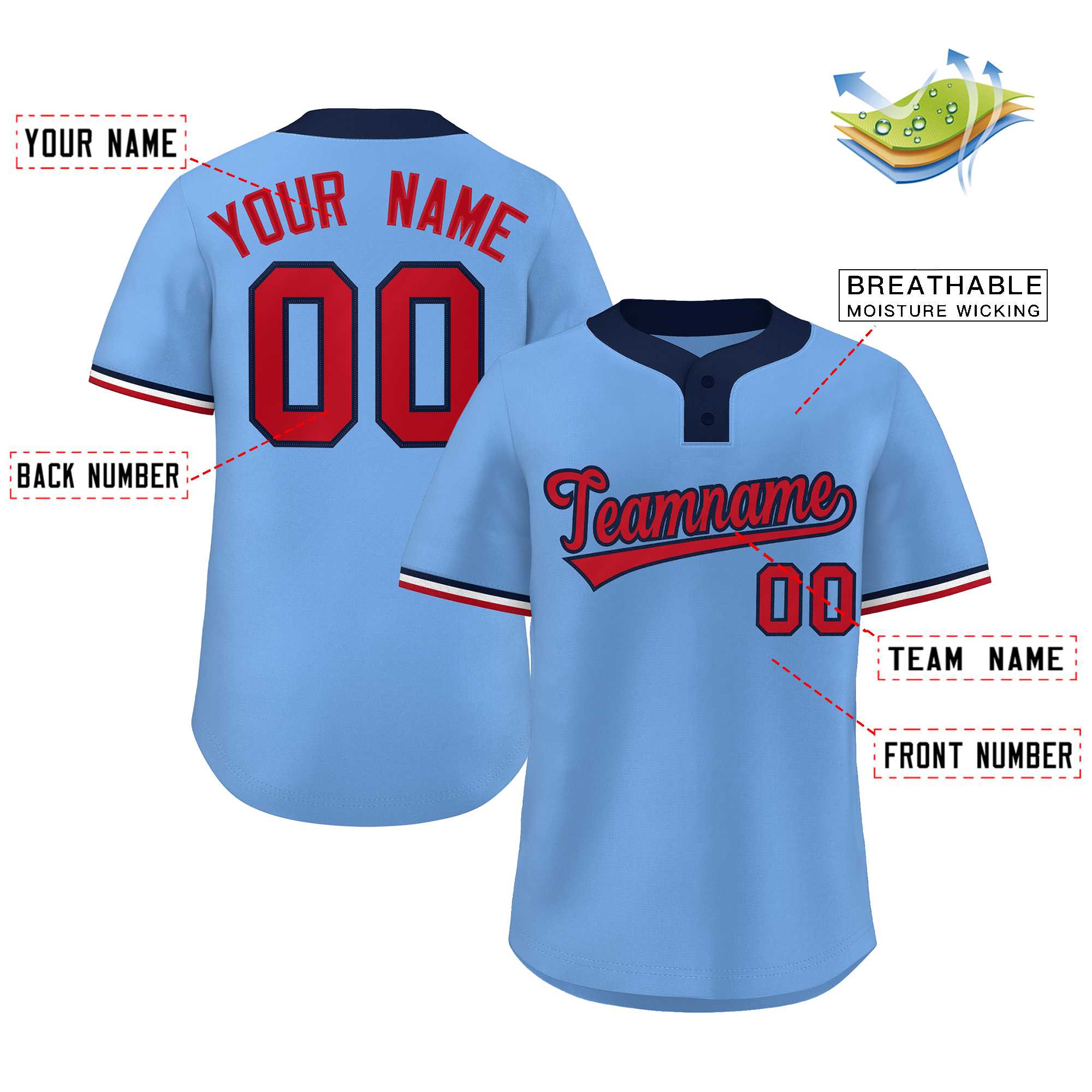 Custom Light Blue Red-Navy Classic Style Authentic Two-Button Baseball Jersey