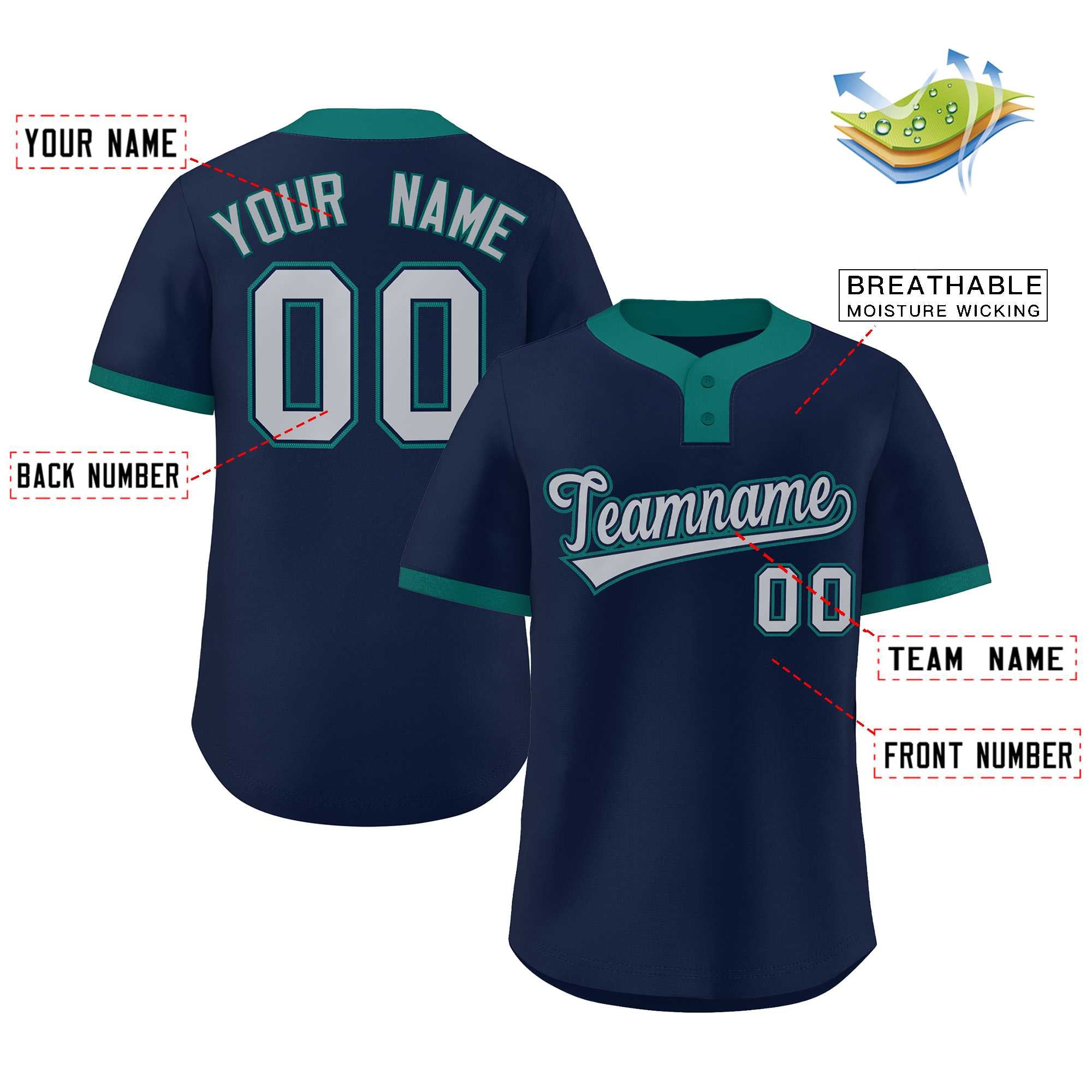 Maillot de baseball personnalisé à deux boutons, gris-aqua, style classique, personnalisé