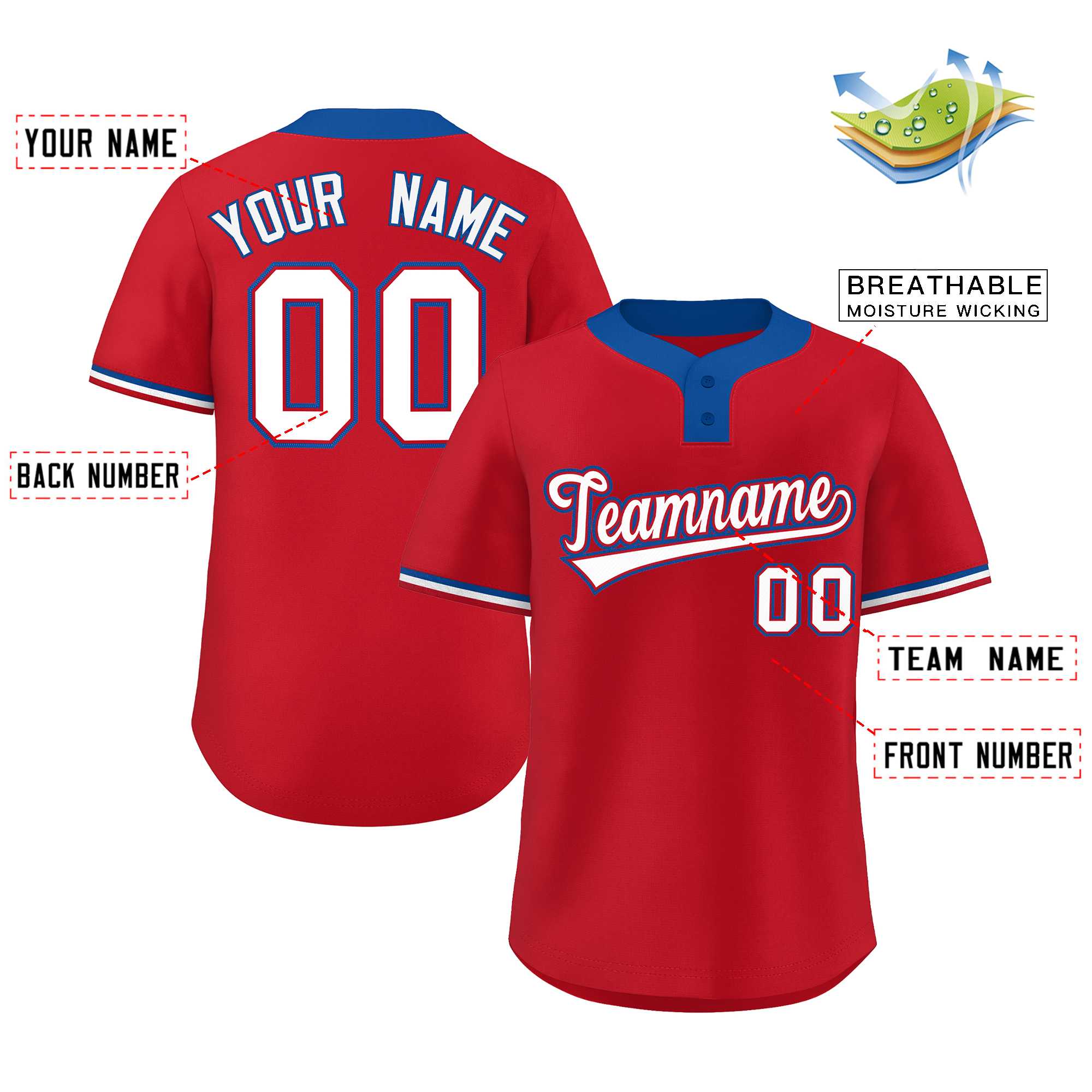 Custom Red White-Royal Classic Style Authentic Two-Button Baseball Jersey