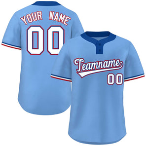 Maillot de baseball personnalisé à deux boutons, bleu clair, blanc et rouge, style classique, authentique