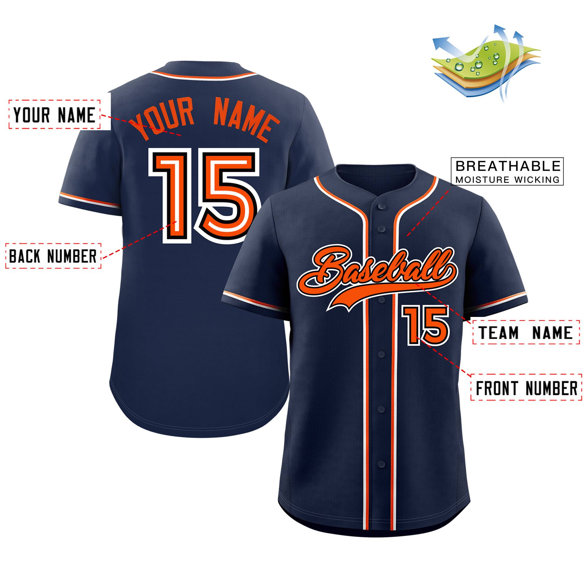 Maillot de baseball personnalisé, style classique, bleu marine, orange, authentique