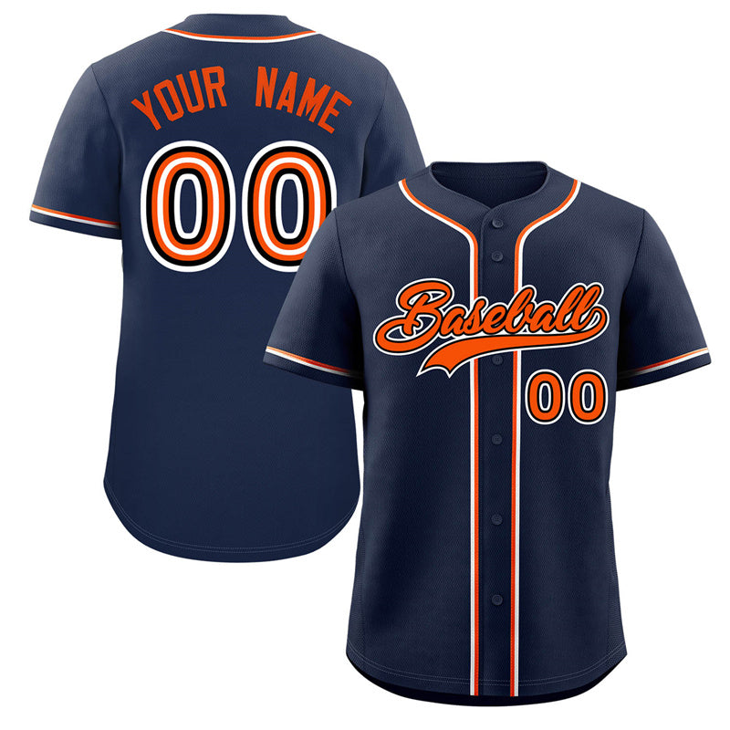 Maillot de baseball authentique de style classique bleu marine orange-blanc personnalisé