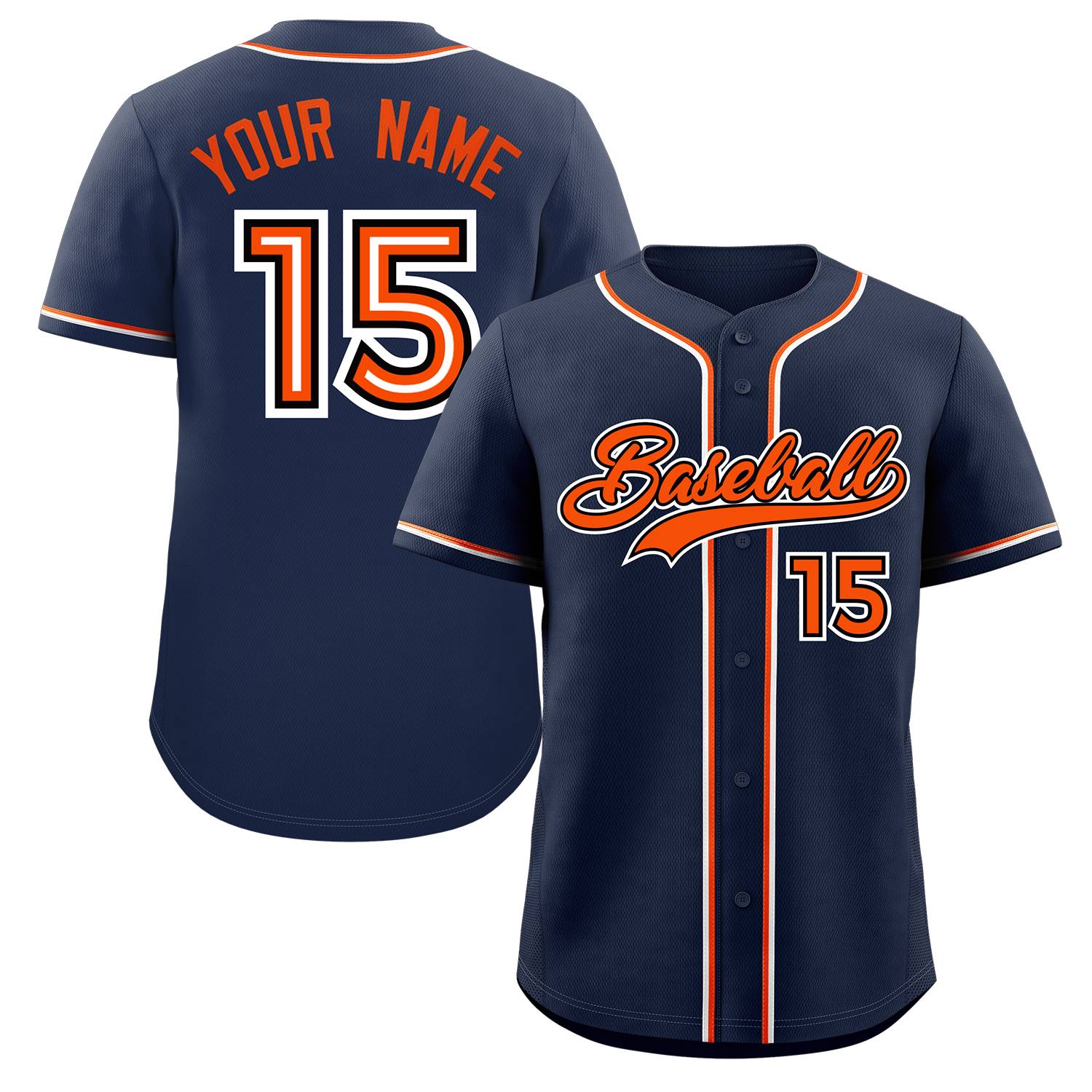 Maillot de baseball personnalisé, style classique, bleu marine, orange, authentique