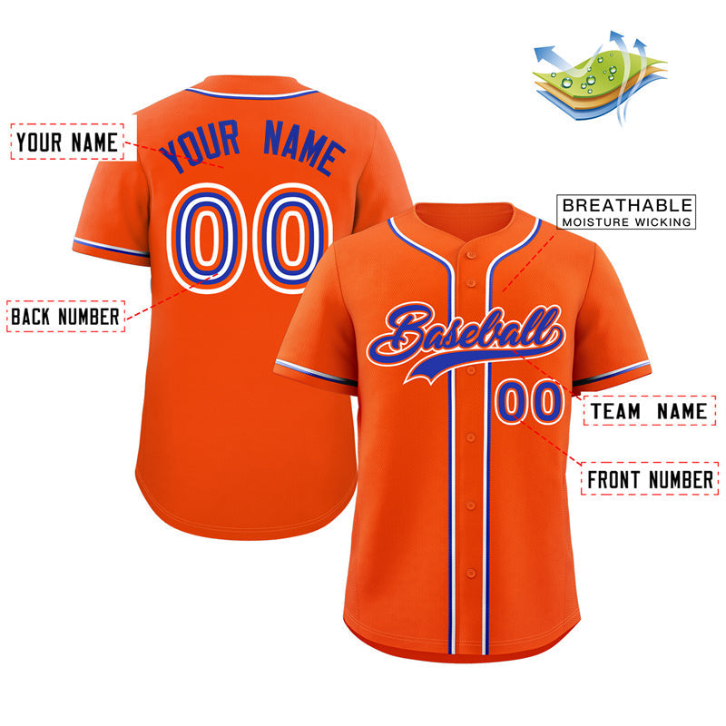 Maillot de baseball authentique de style classique orange royal-blanc personnalisé