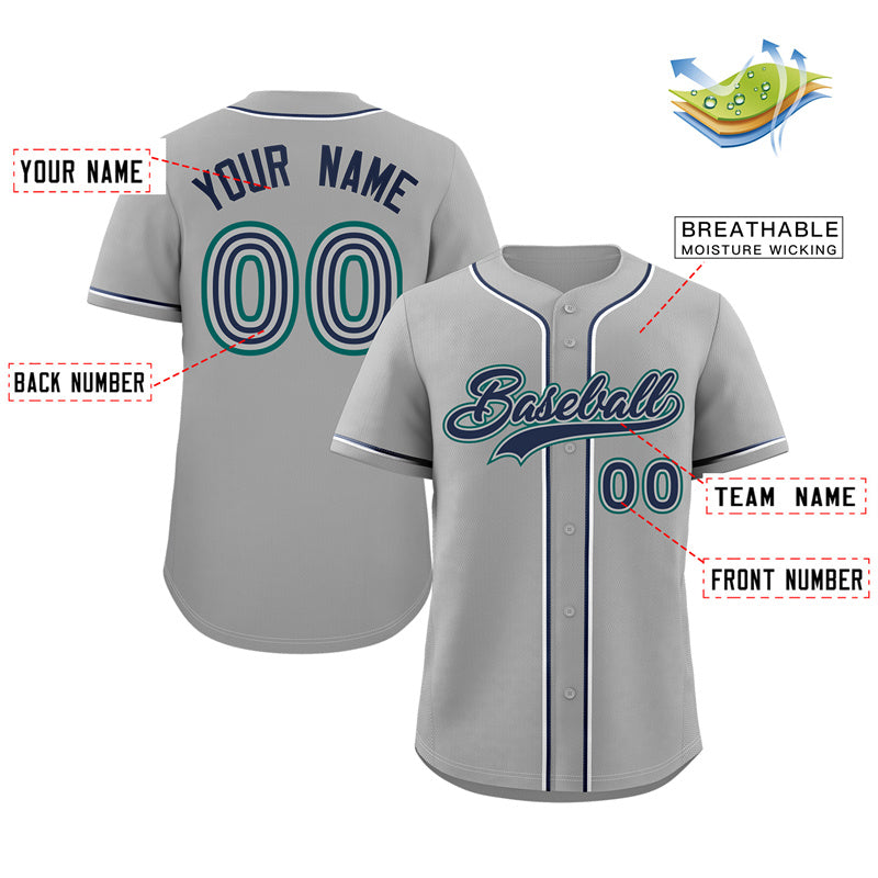 Maillot de baseball authentique de style classique gris marine-aqua personnalisé