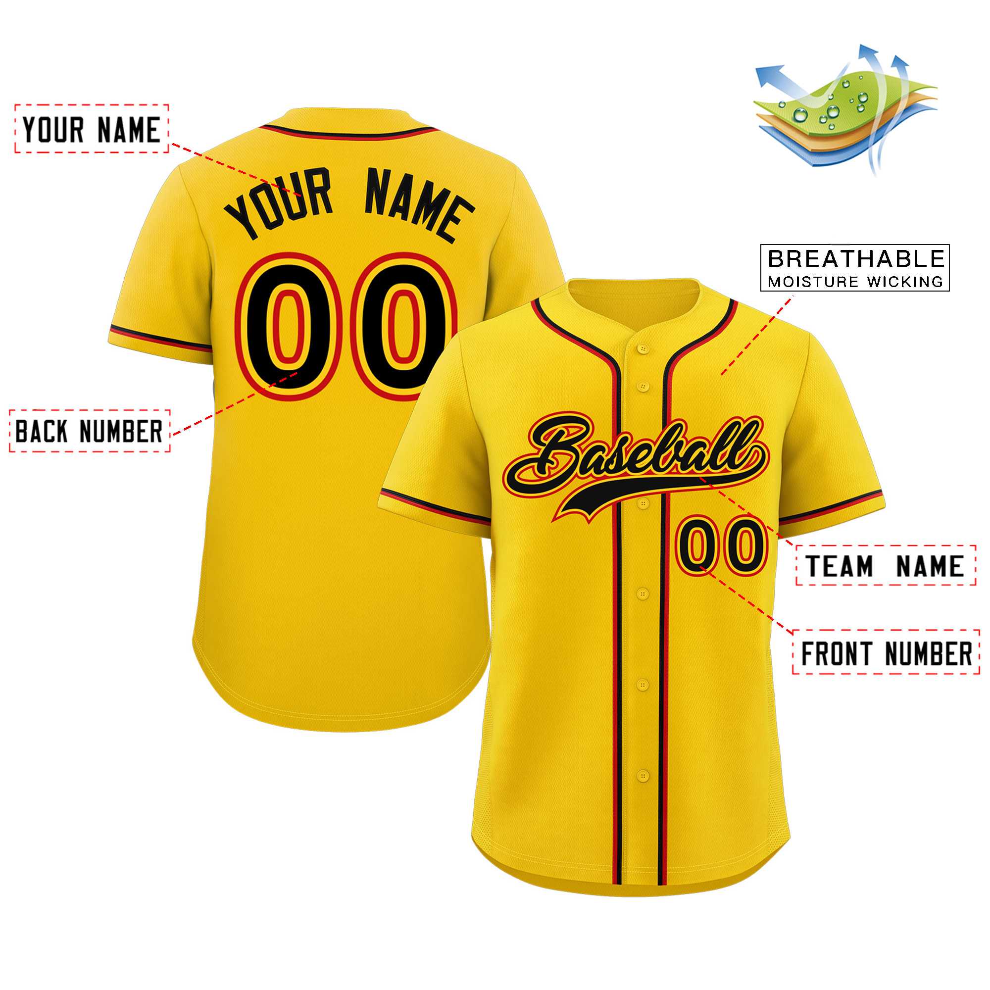 Maillot de baseball authentique de style classique jaune noir-rouge personnalisé