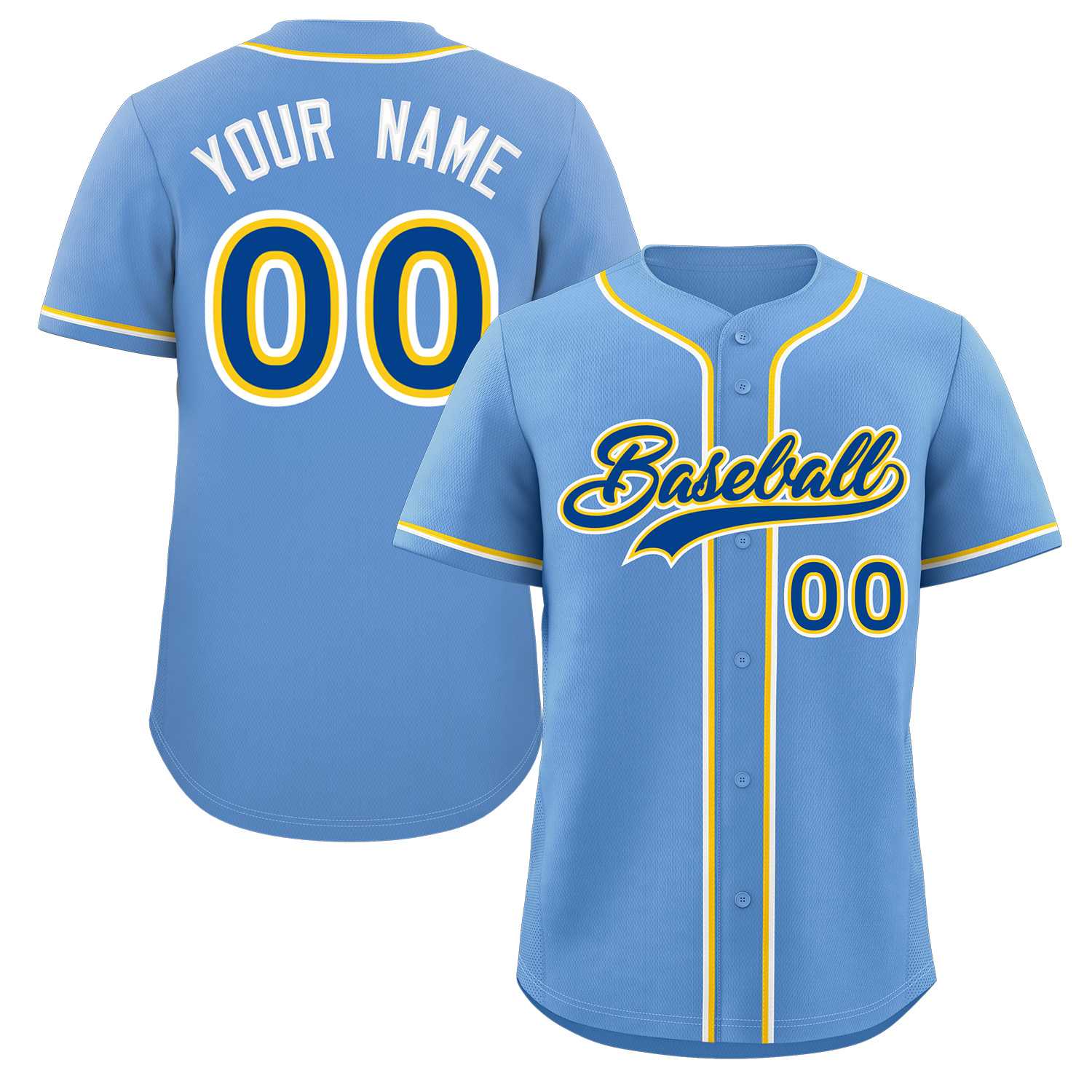 Maillot de baseball authentique de style classique bleu clair personnalisé jaune royal