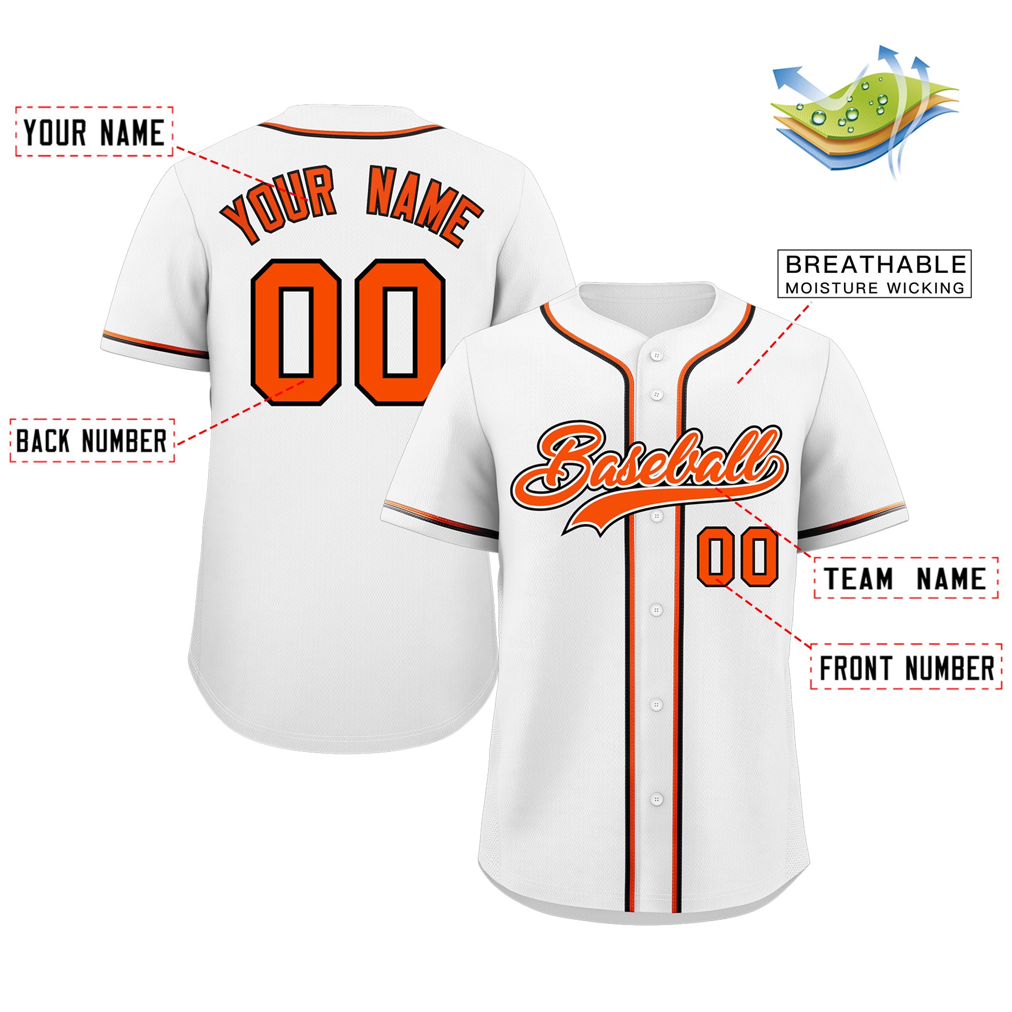 Maillot de baseball authentique de style classique blanc orange-noir personnalisé