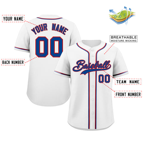 Custom White Royal-Red Classic Style Authentic Baseball Jersey