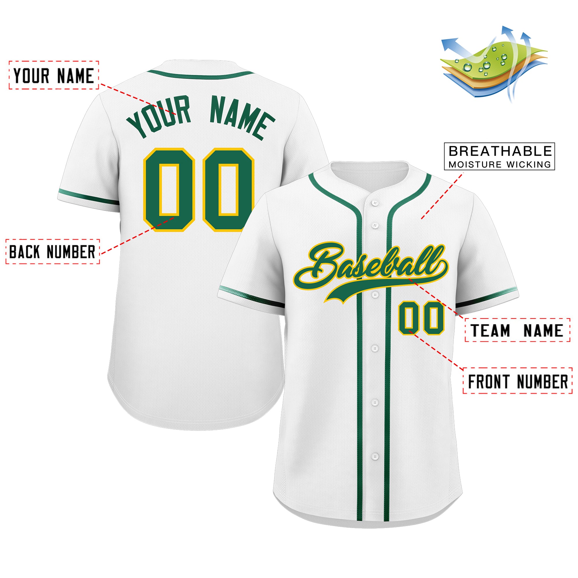 Maillot de baseball authentique de style classique blanc vert-jaune personnalisé