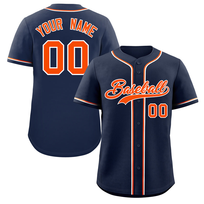 Maillot de baseball authentique de style classique bleu marine orange-blanc personnalisé