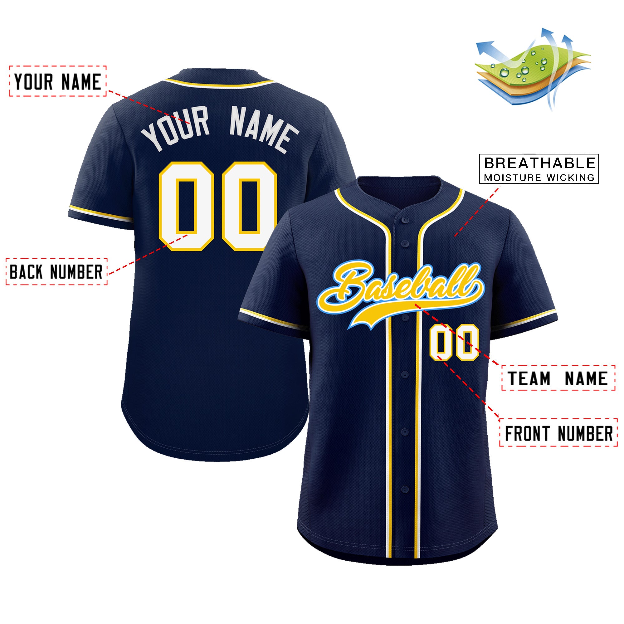 Custom Navy Gold-Powder Blue Classic Style Authentic Baseball Jersey