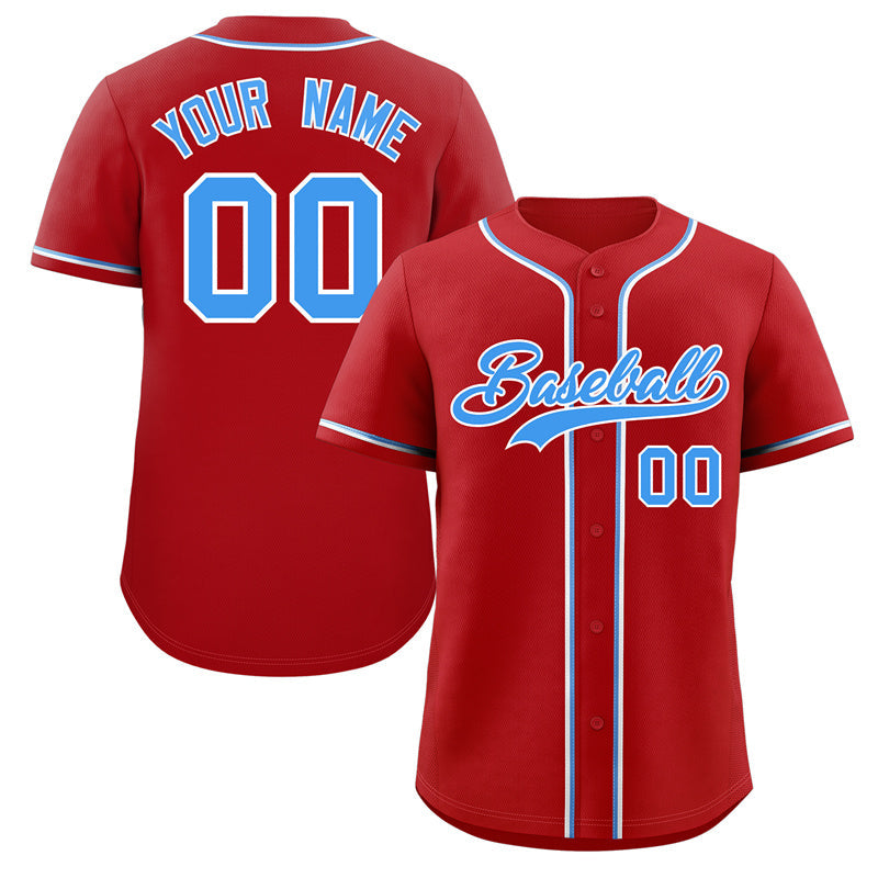 Maillot de baseball authentique de style classique, personnalisé, poudre rouge, bleu-blanc