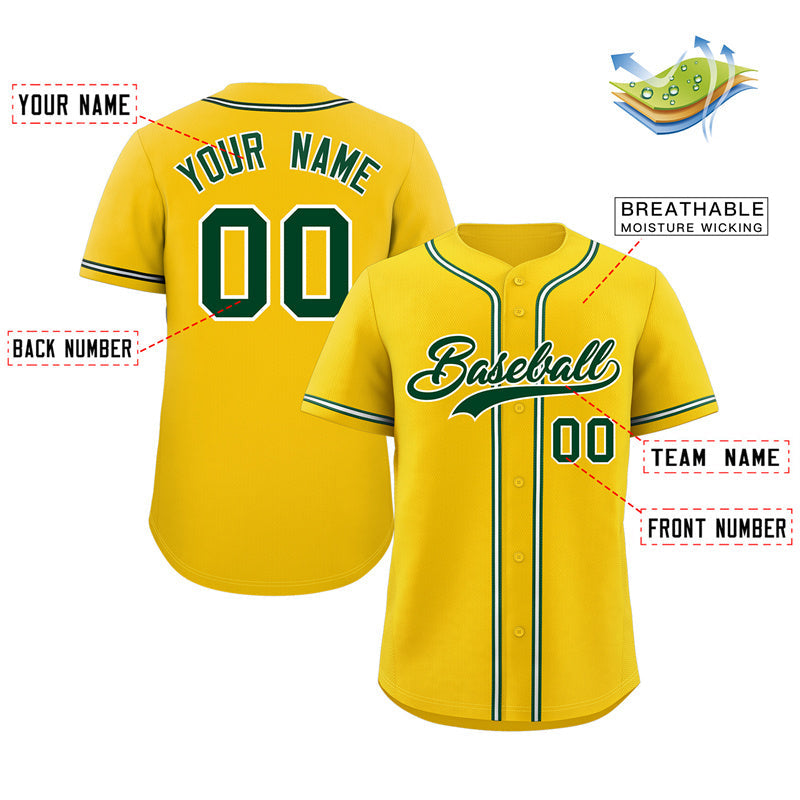 Maillot de baseball authentique de style classique jaune vert-blanc personnalisé