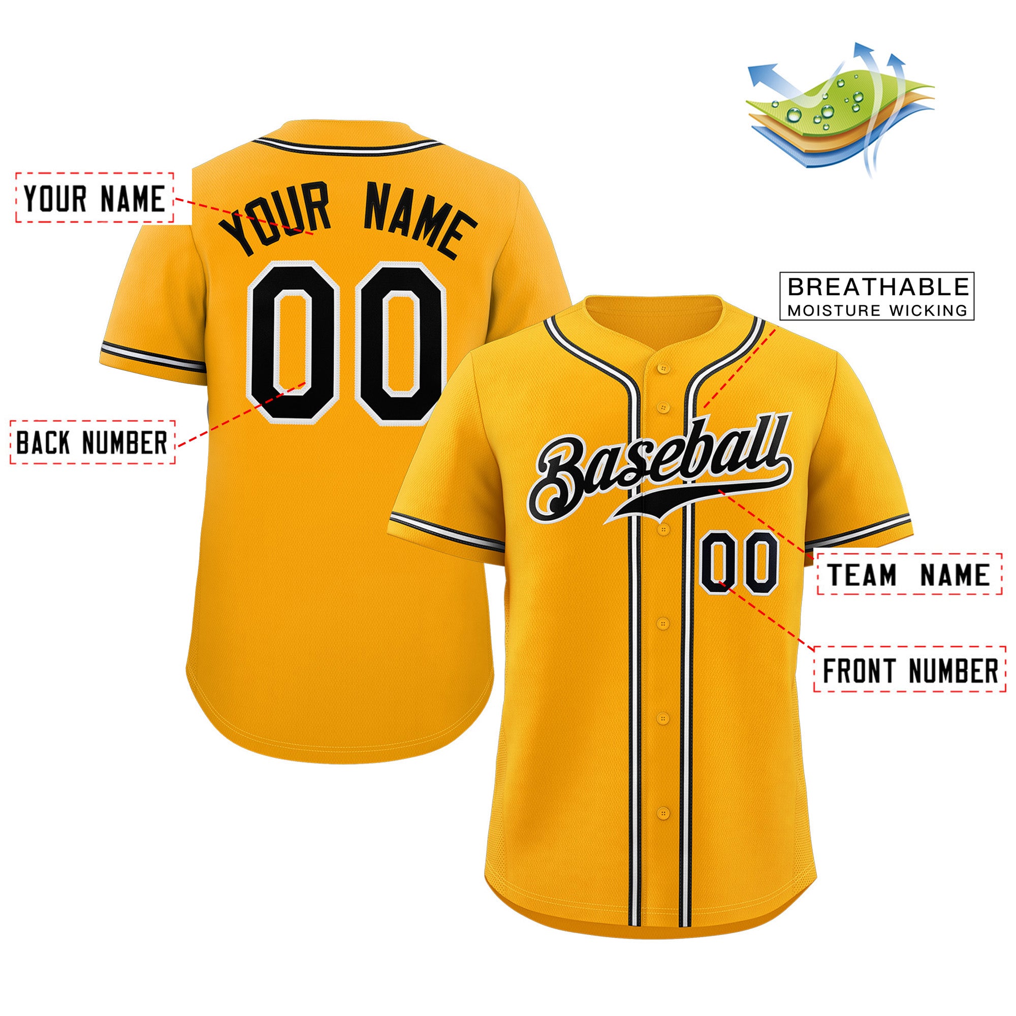 Maillot de baseball authentique de style classique jaune noir-blanc personnalisé