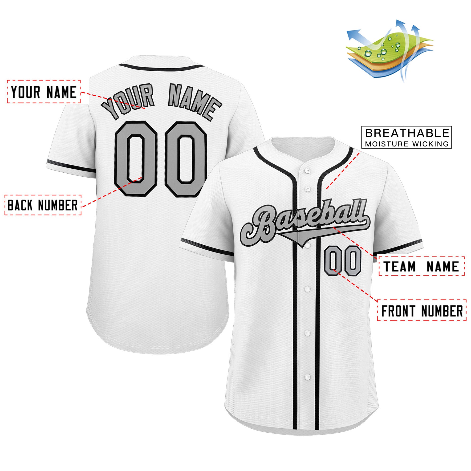 Maillot de baseball authentique de style classique blanc gris-noir personnalisé