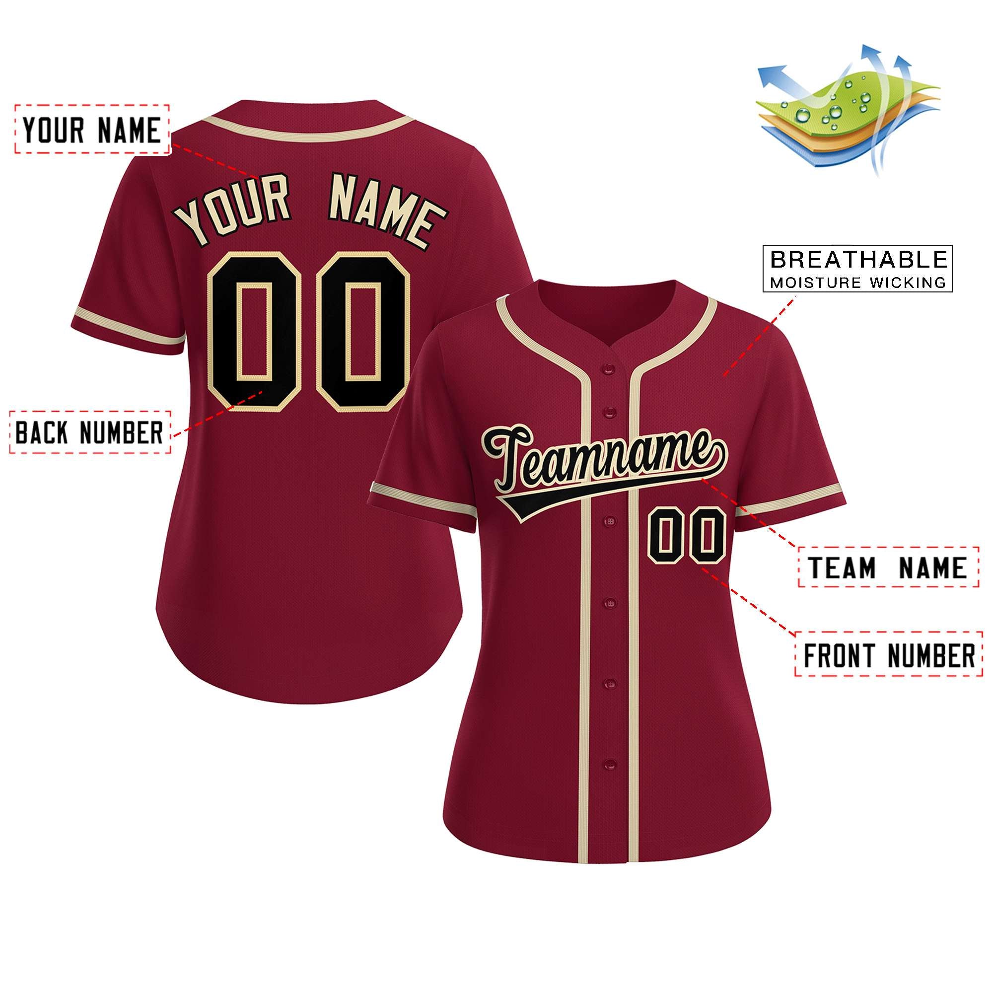 Custom Crimson Black-Khaki Classic Style Baseball Jersey For Women