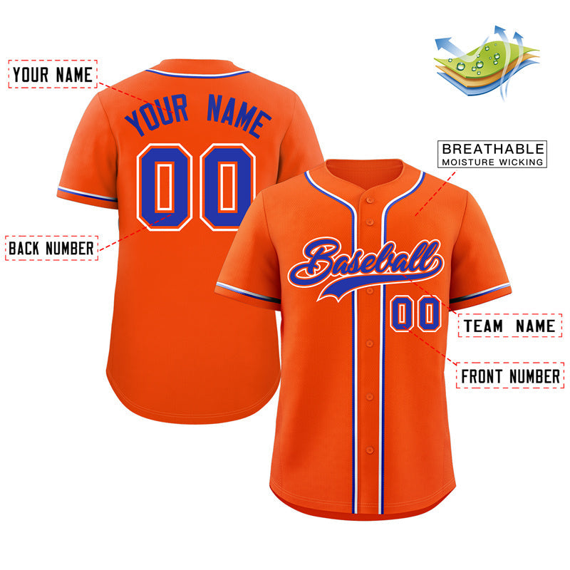 Maillot de baseball authentique de style classique orange royal-blanc personnalisé