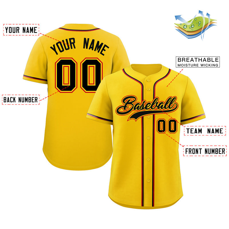 Maillot de baseball authentique de style classique jaune noir-rouge personnalisé