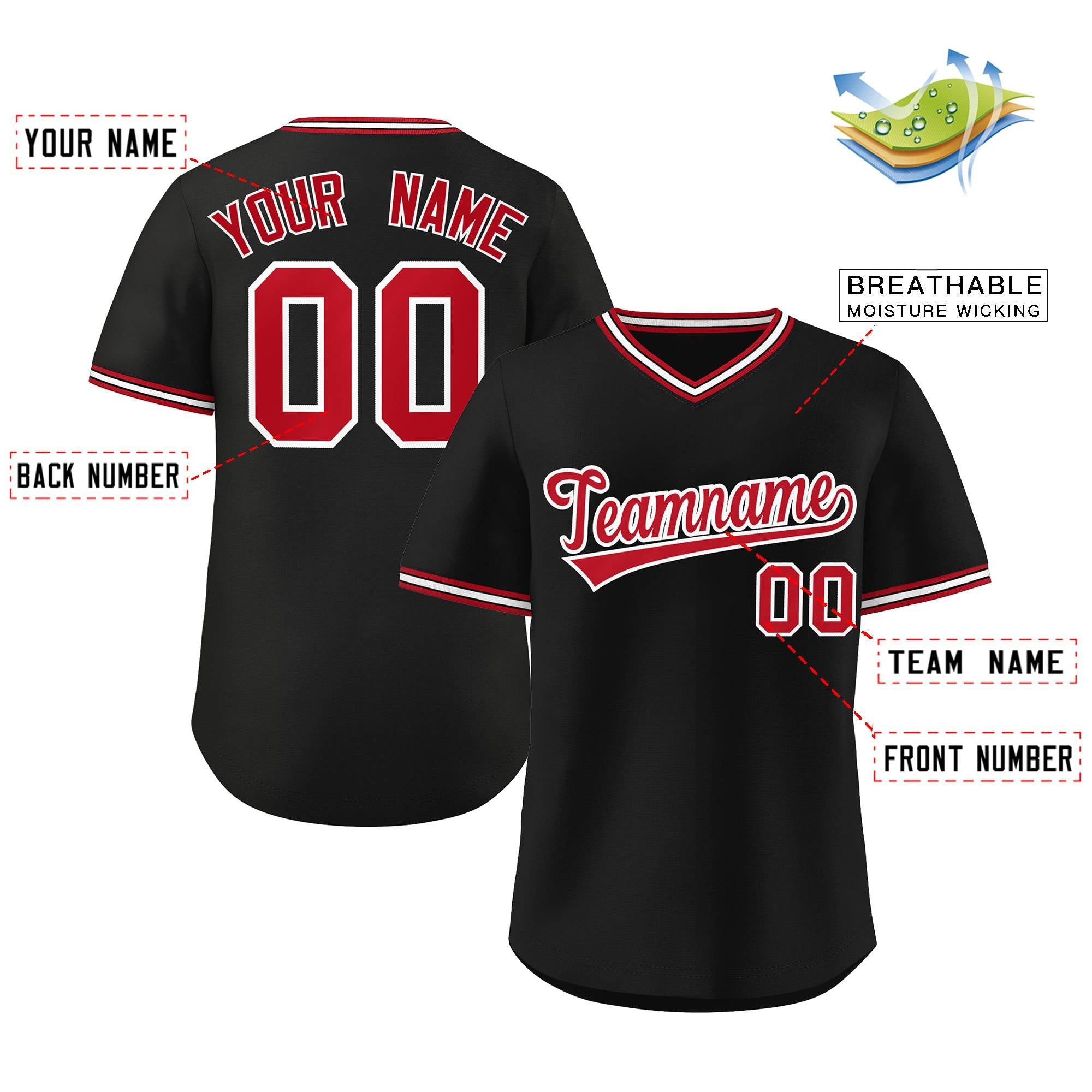 Maillot de baseball personnalisé, noir, rouge et blanc, style classique, pull authentique pour l'extérieur