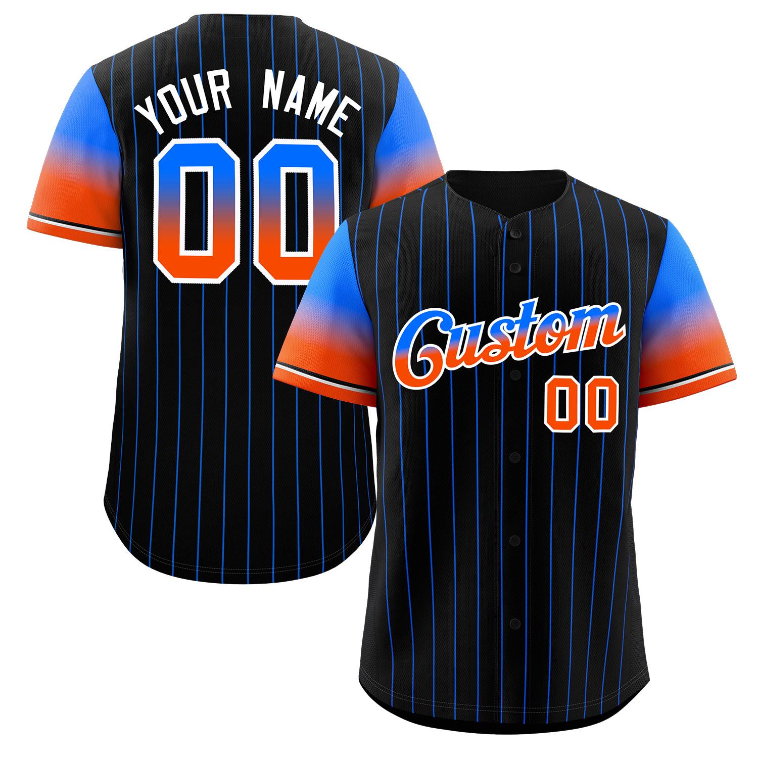 Maillot de Baseball personnalisé noir Royal Orange-blanc à rayures, dégradé de police, mode authentique