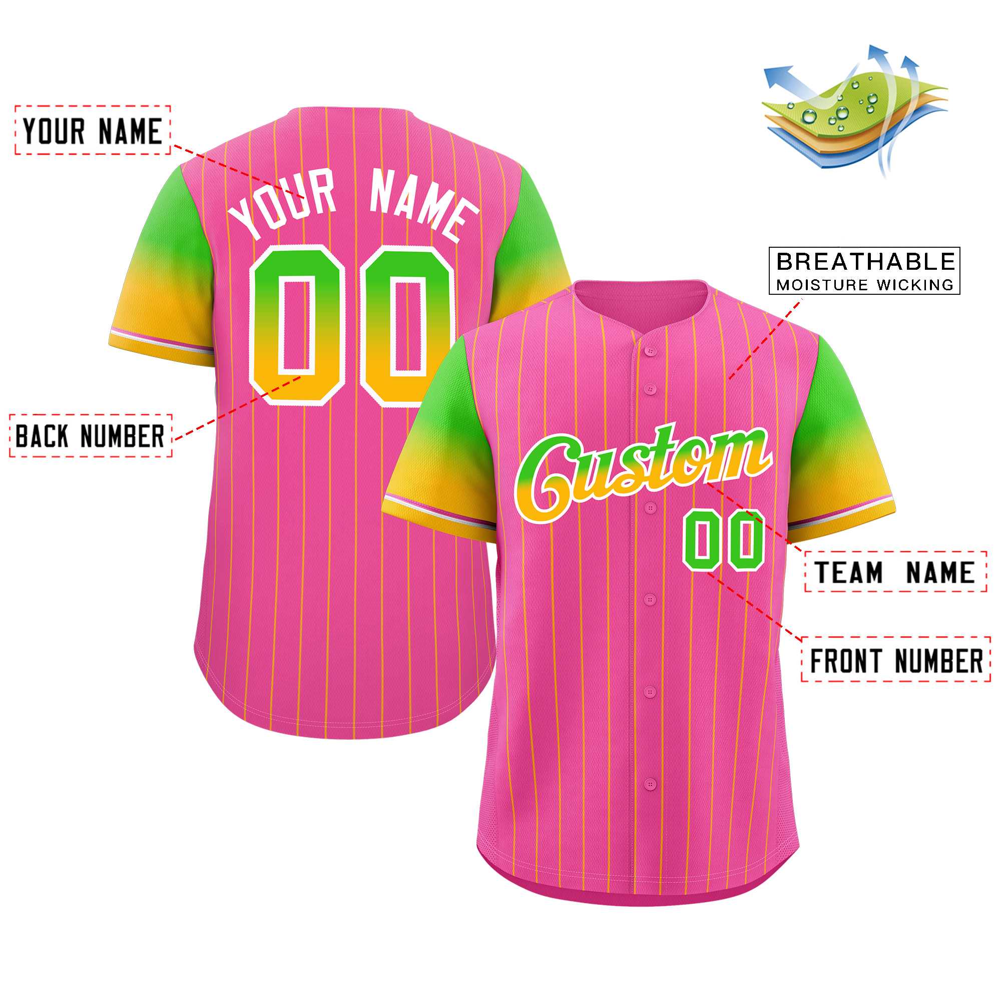 Maillot de Baseball personnalisé rose néon vert or-blanc à rayures, dégradé de police, mode authentique