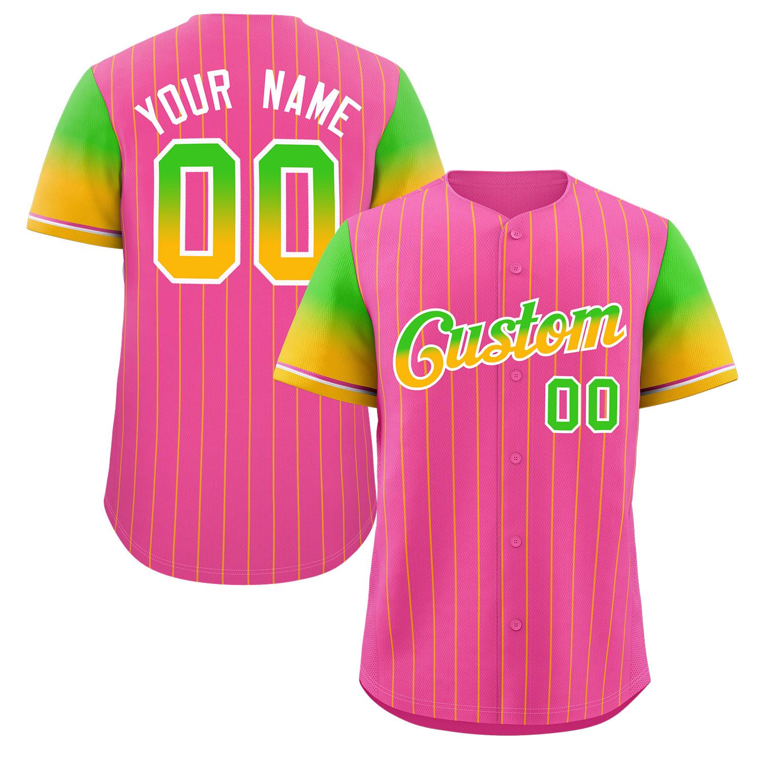 Maillot de Baseball personnalisé rose néon vert or-blanc à rayures, dégradé de police, mode authentique