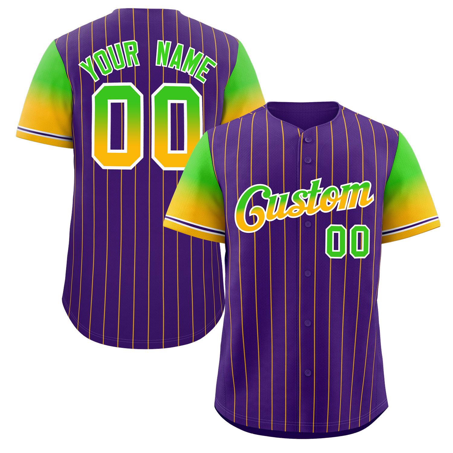 Maillot de Baseball personnalisé violet néon vert or-blanc à rayures, dégradé de police, mode authentique