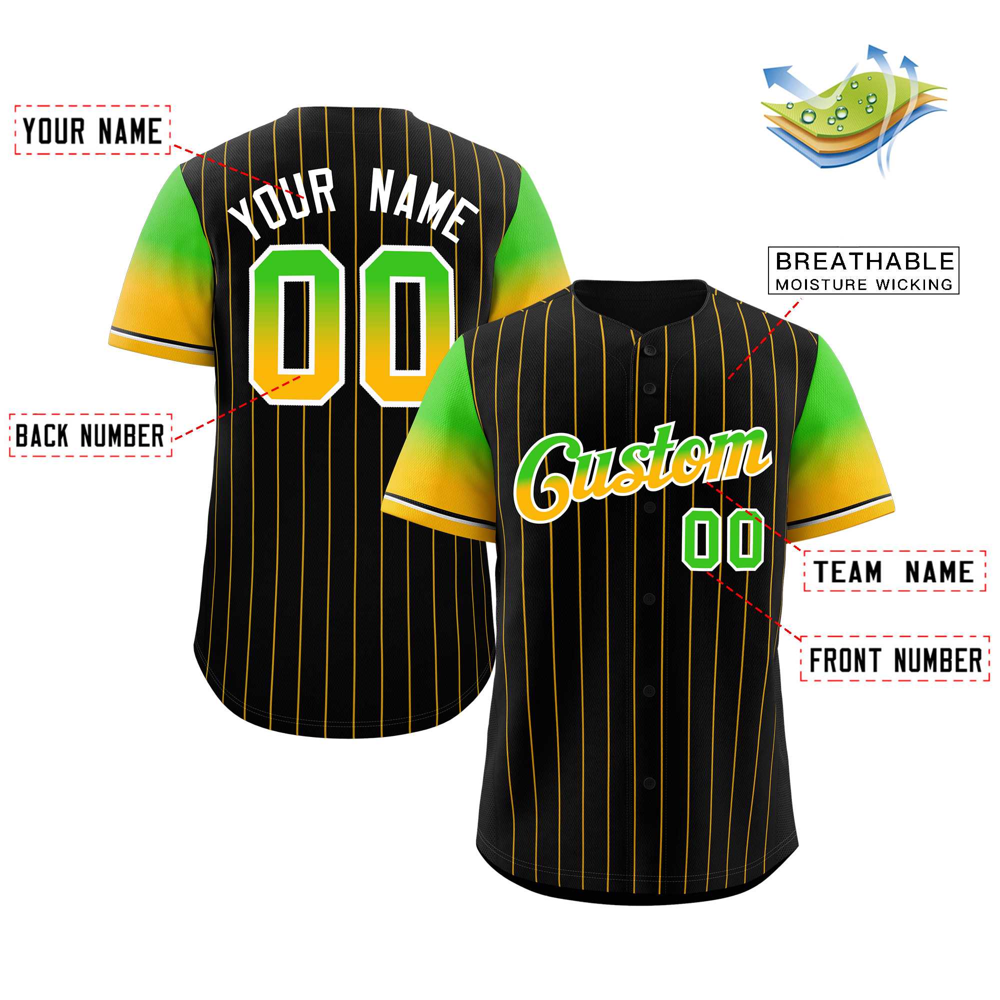 Custom Black Neon Green Gold-White Stripe Font Gradient Fashion Authentic Baseball Jersey