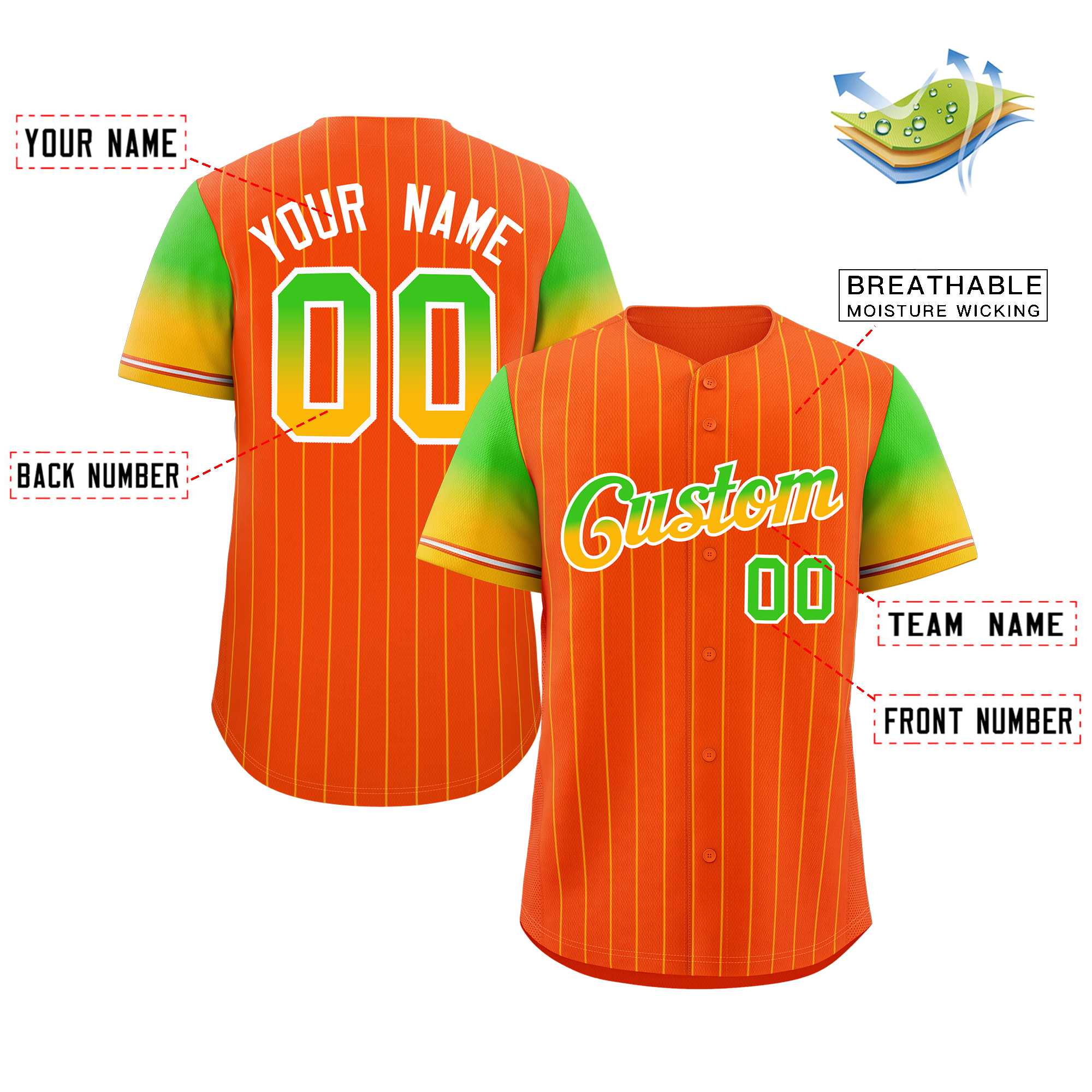 Maillot de Baseball personnalisé Orange néon vert or-blanc à rayures, dégradé de police, mode authentique