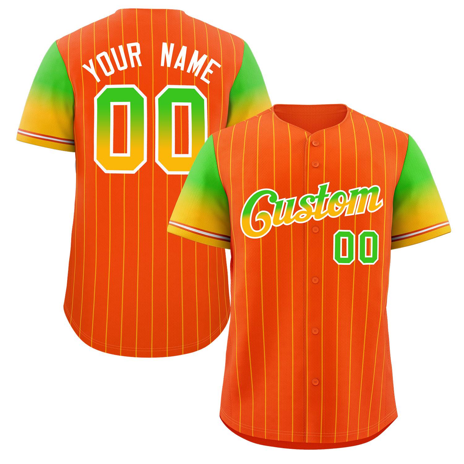 Maillot de Baseball personnalisé Orange néon vert or-blanc à rayures, dégradé de police, mode authentique