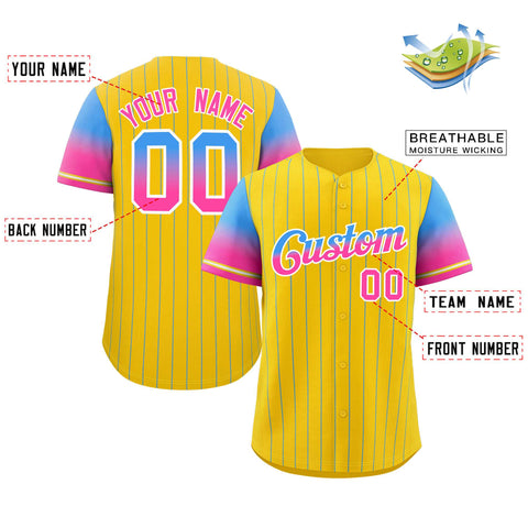 Custom Gold Powder Blue Pink-White Stripe Font Gradient Fashion Authentic Baseball Jersey