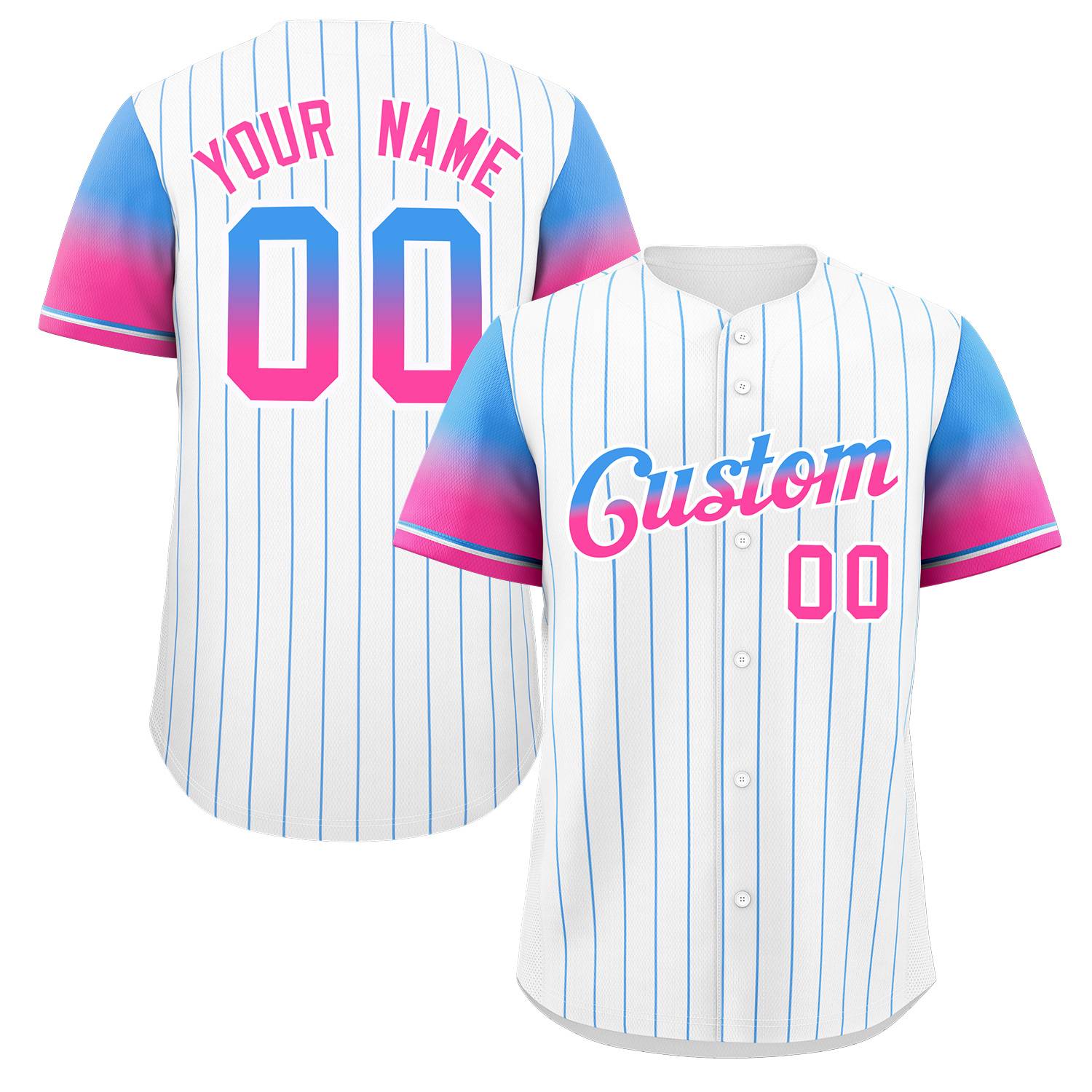 Custom White Powder Blue Pink-White Stripe Font Gradient Fashion Authentic Baseball Jersey