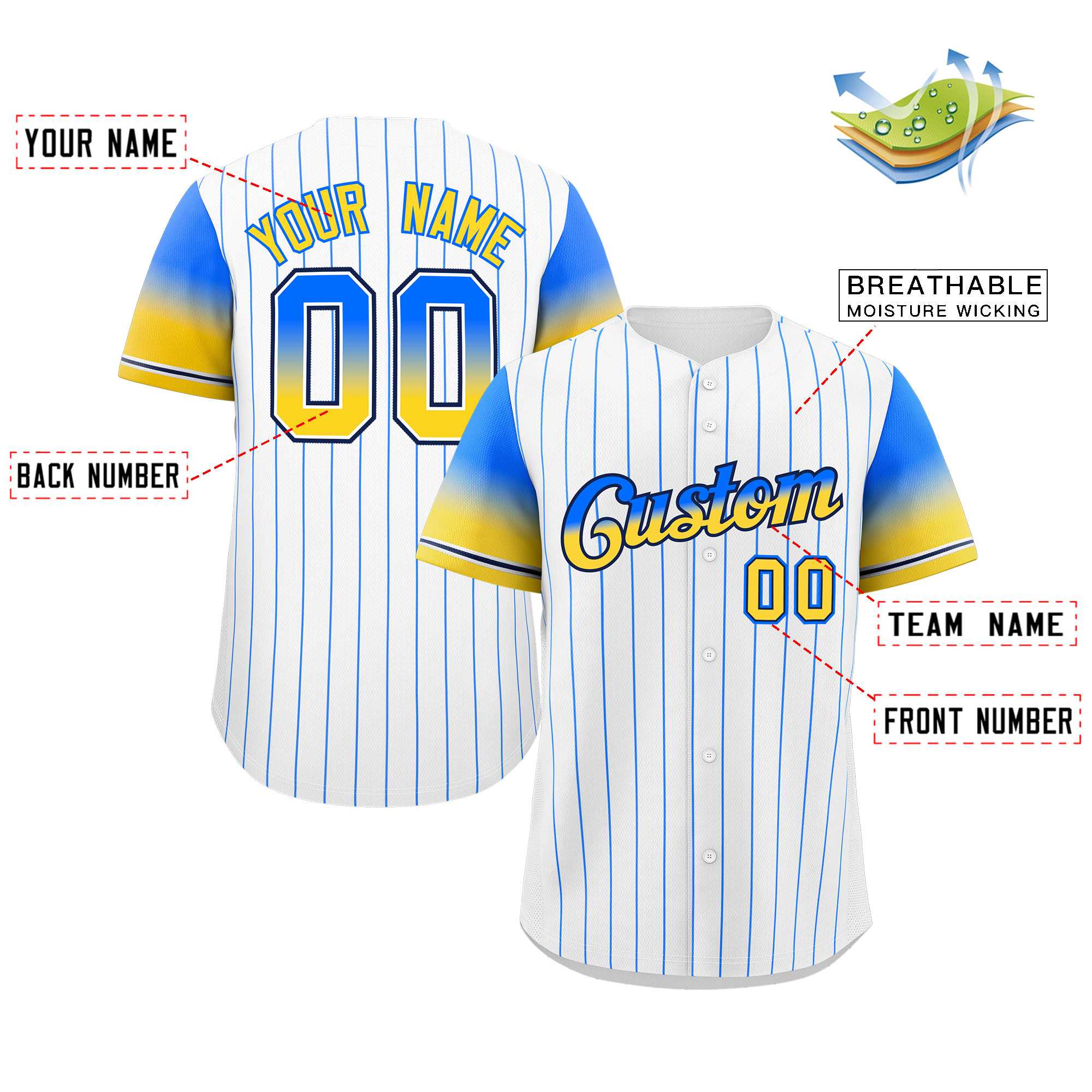 Custom White Blue Yellow-Navy Stripe Font Gradient Fashion Authentic Baseball Jersey