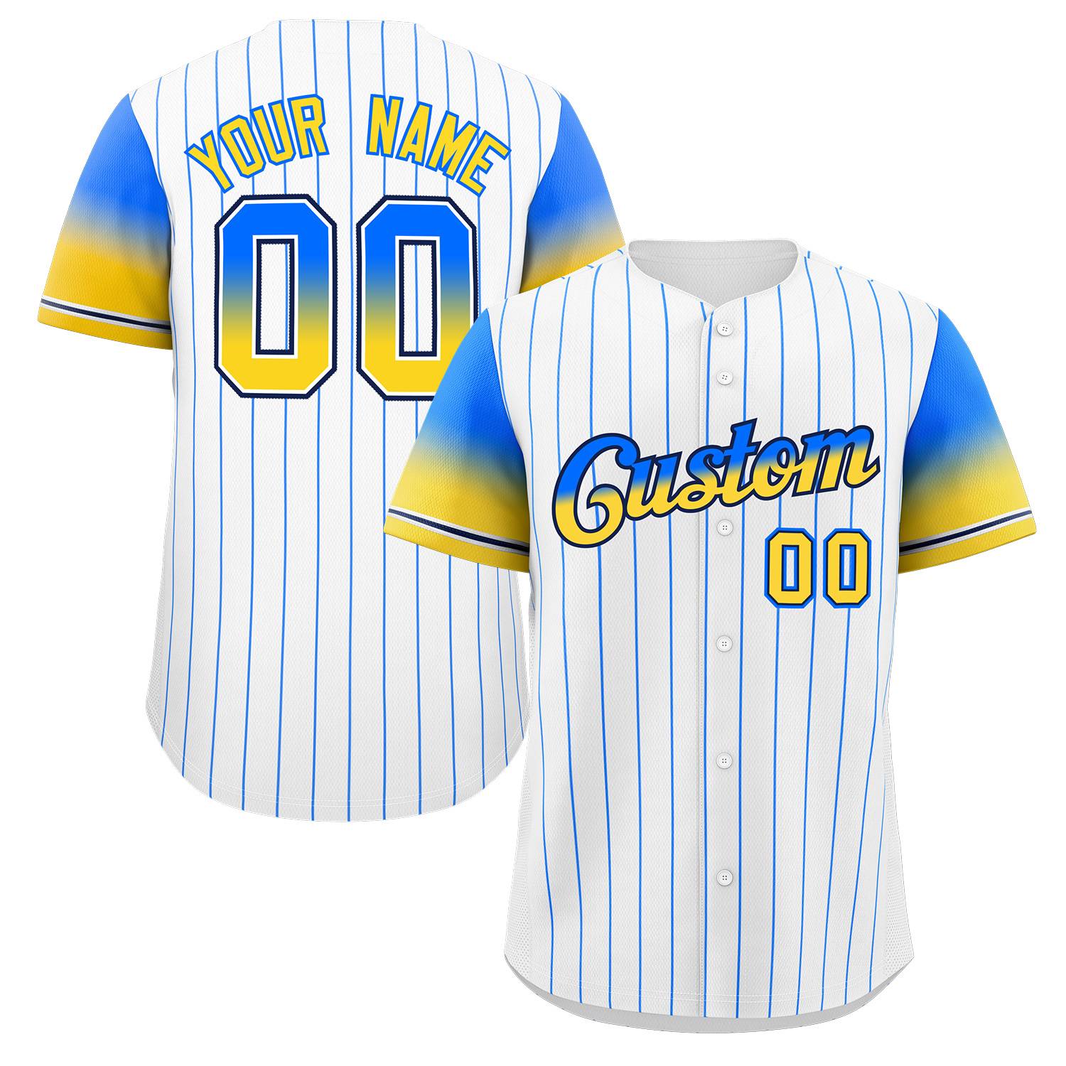 Custom White Blue Yellow-Navy Stripe Font Gradient Fashion Authentic Baseball Jersey