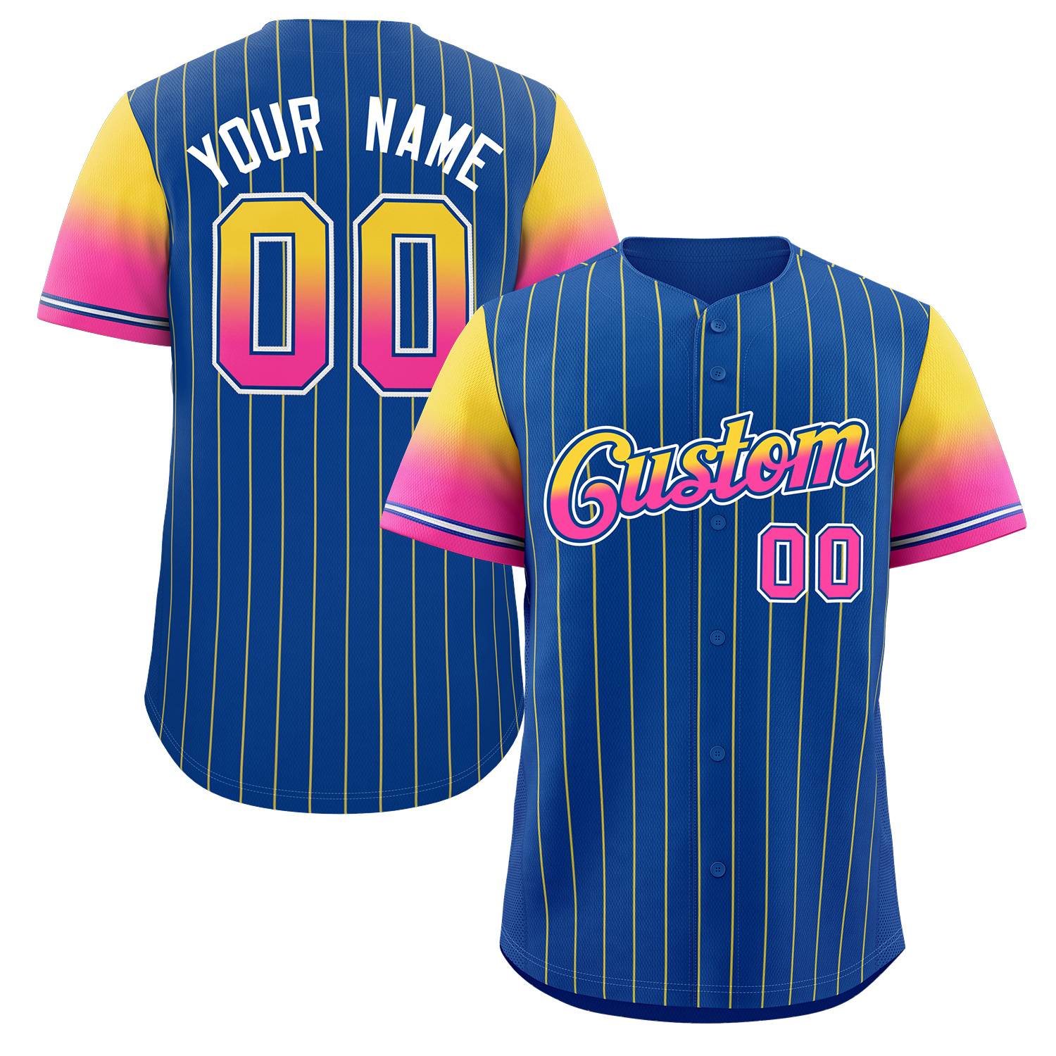 Maillot de Baseball personnalisé, personnalisé, Royal or rose-Royal Stripe, dégradé de police, mode authentique