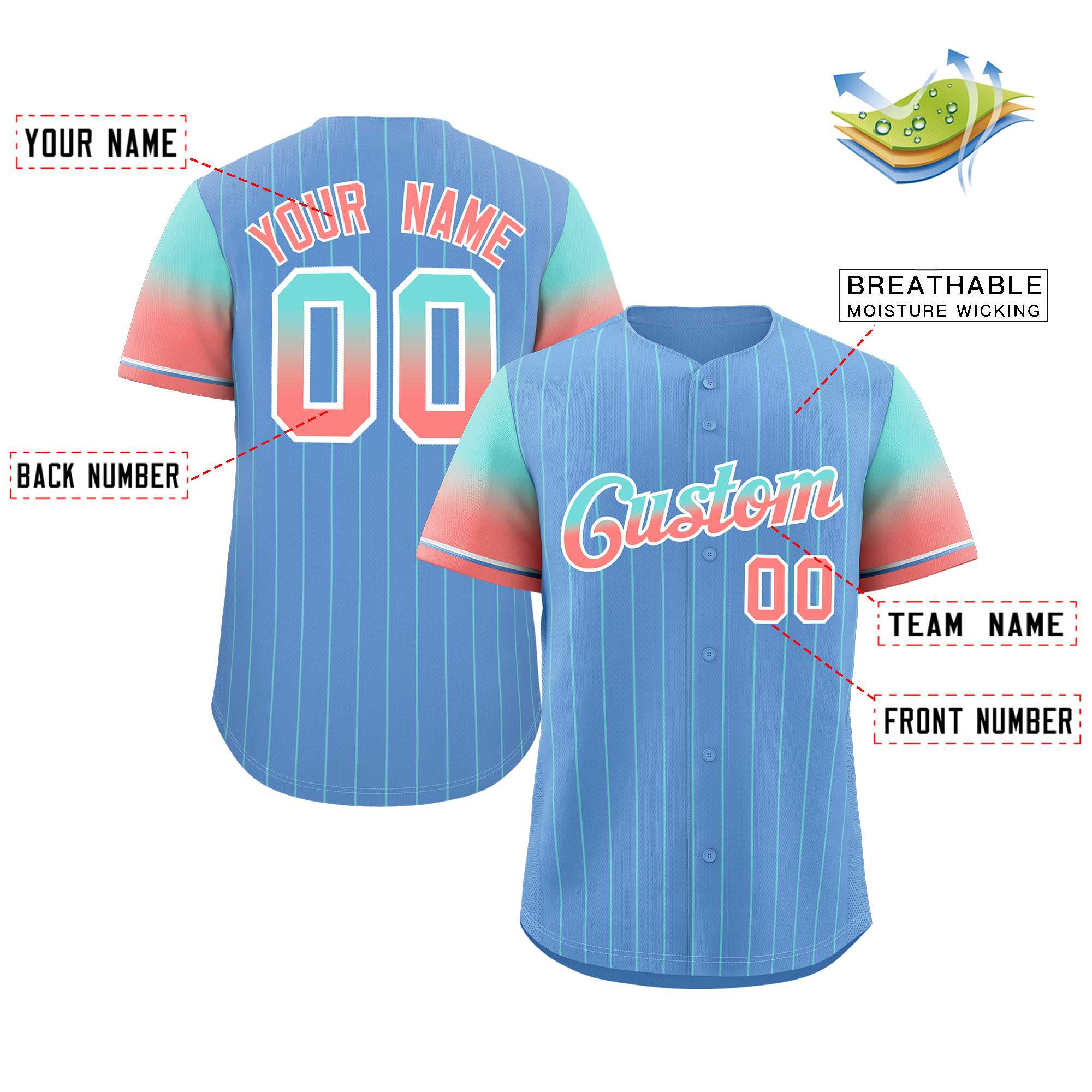 Custom Light Blue Aqua Red-White Stripe Font Gradient Fashion Authentic Baseball Jersey