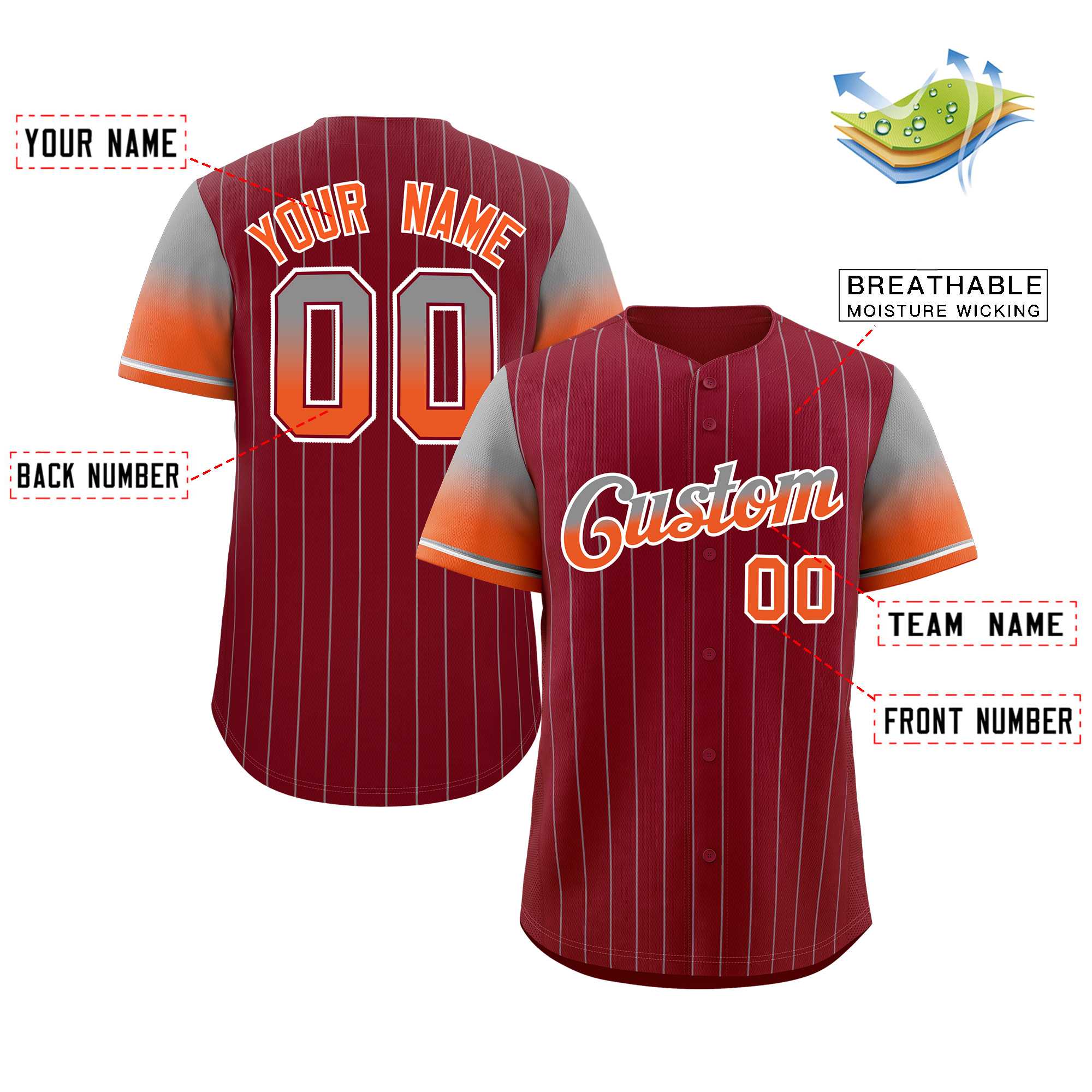 Custom Crimson Gray Orange-White Stripe Font Gradient Fashion Authentic Baseball Jersey