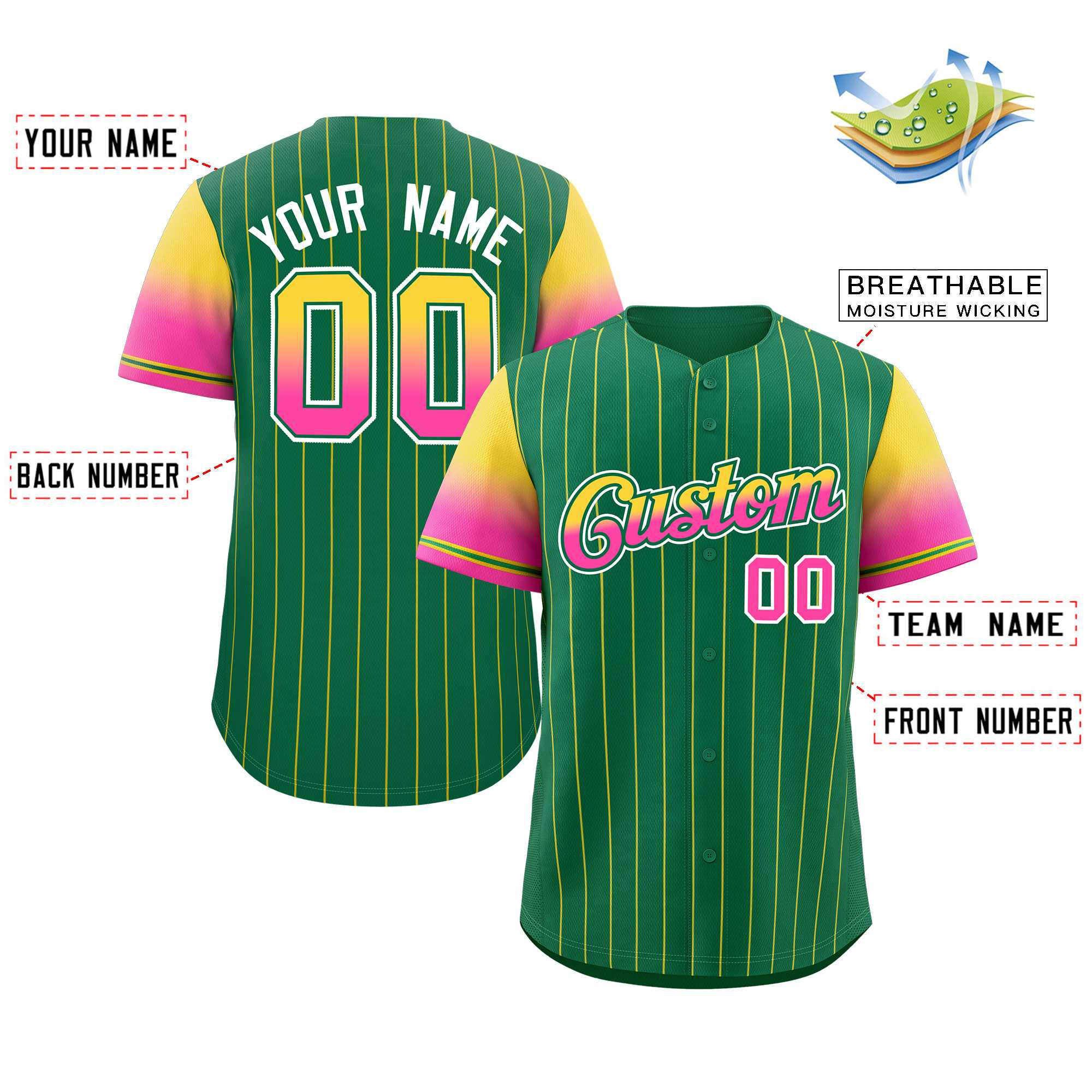 Maillot de Baseball personnalisé Kelly vert or rose-Kelly vert à rayures police dégradé mode authentique