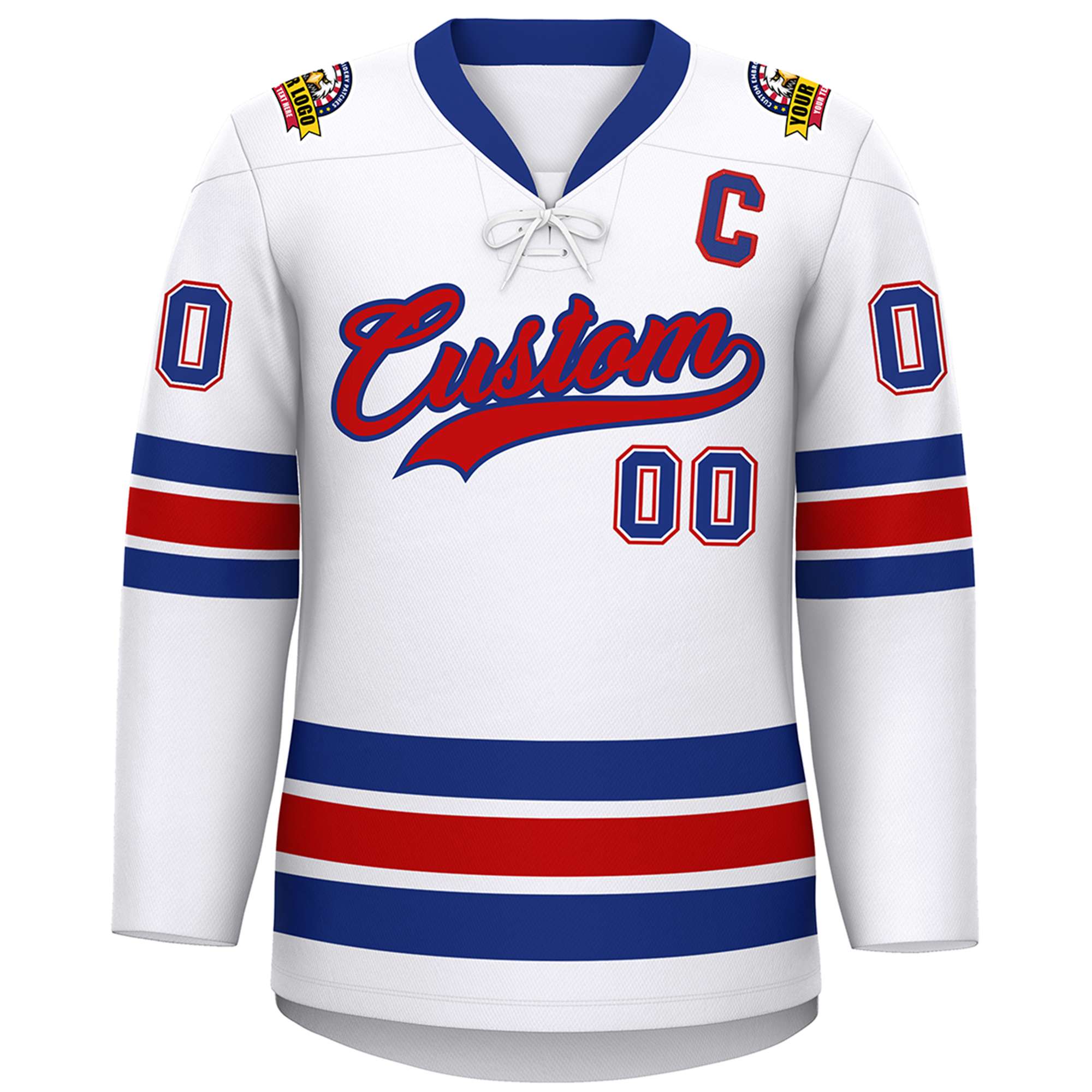 Custom White Royal-Red Lace-Up Neck Hockey Jersey