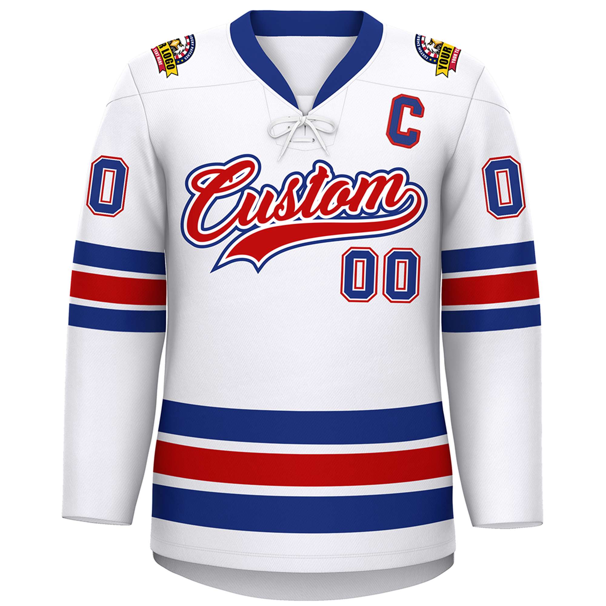 Custom White Royal-Red Lace-Up Neck Hockey Jersey