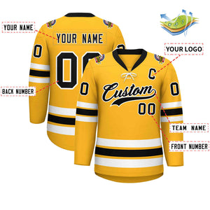 Custom Gold Black-White Lace-Up Neck Hockey Jersey