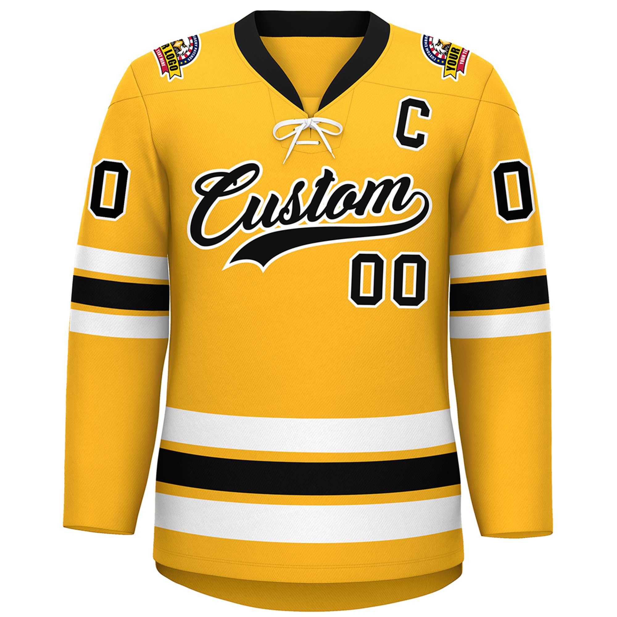 Custom Gold Black-White Lace-Up Neck Hockey Jersey