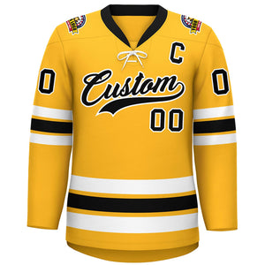 Custom Gold Black-White Lace-Up Neck Hockey Jersey